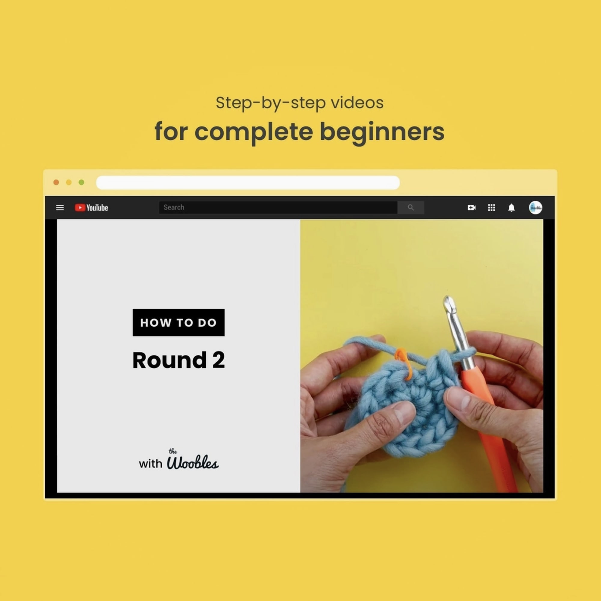 YouTube tutorial graphic showing hands crocheting a blue piece