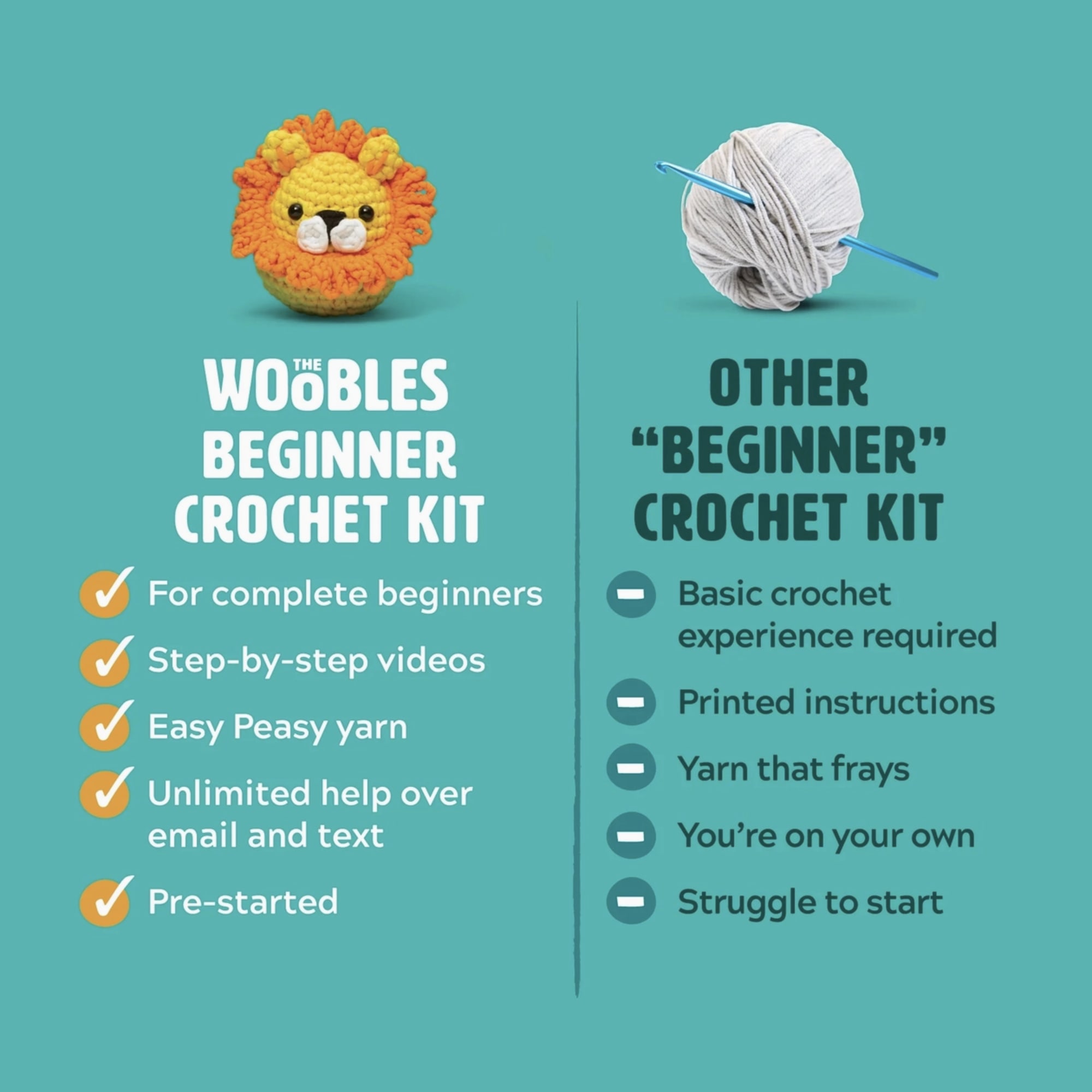 Crochet lion and yarn ball on a teal promotional graphic