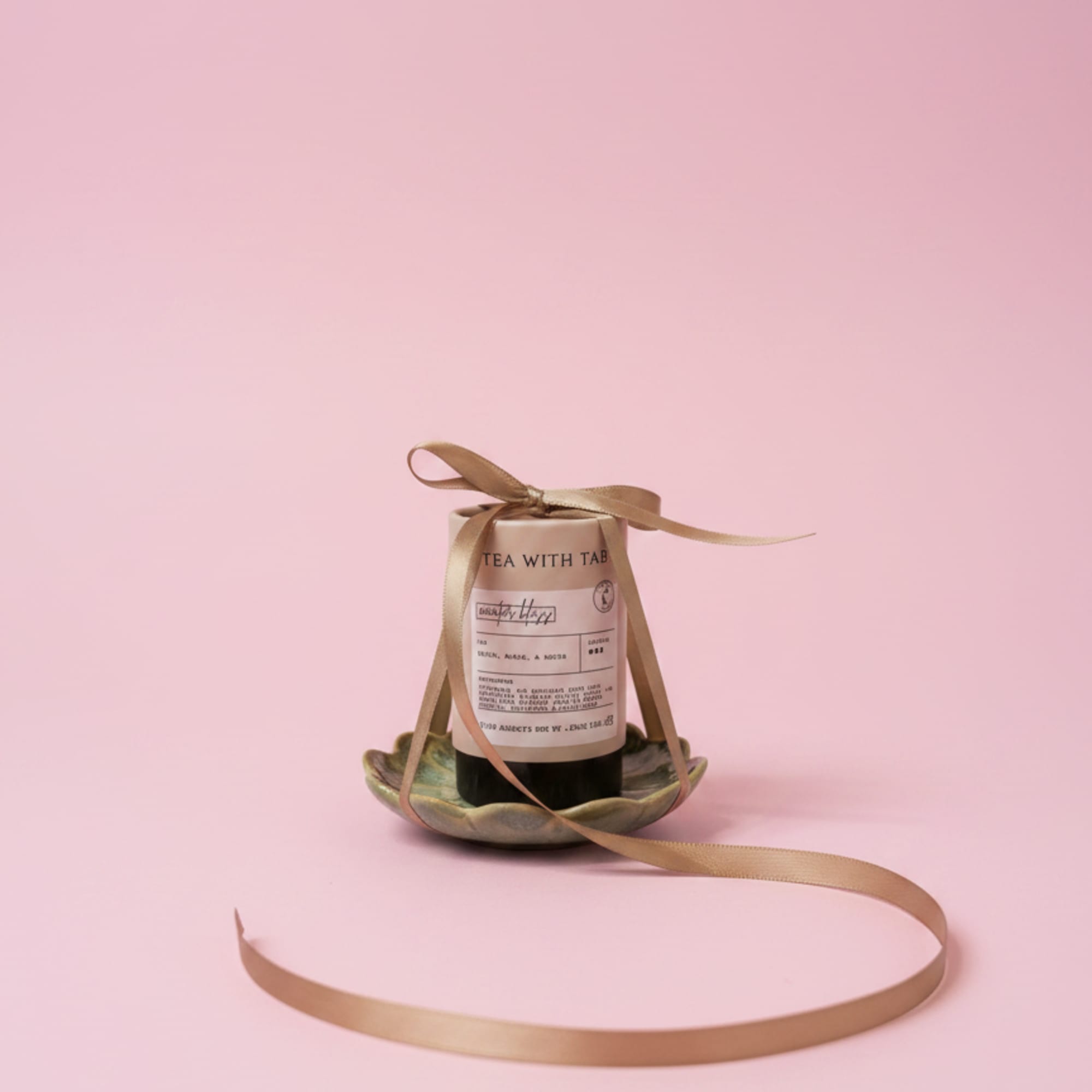 Tea bottle tied with a gold ribbon on a small dish against a pink background