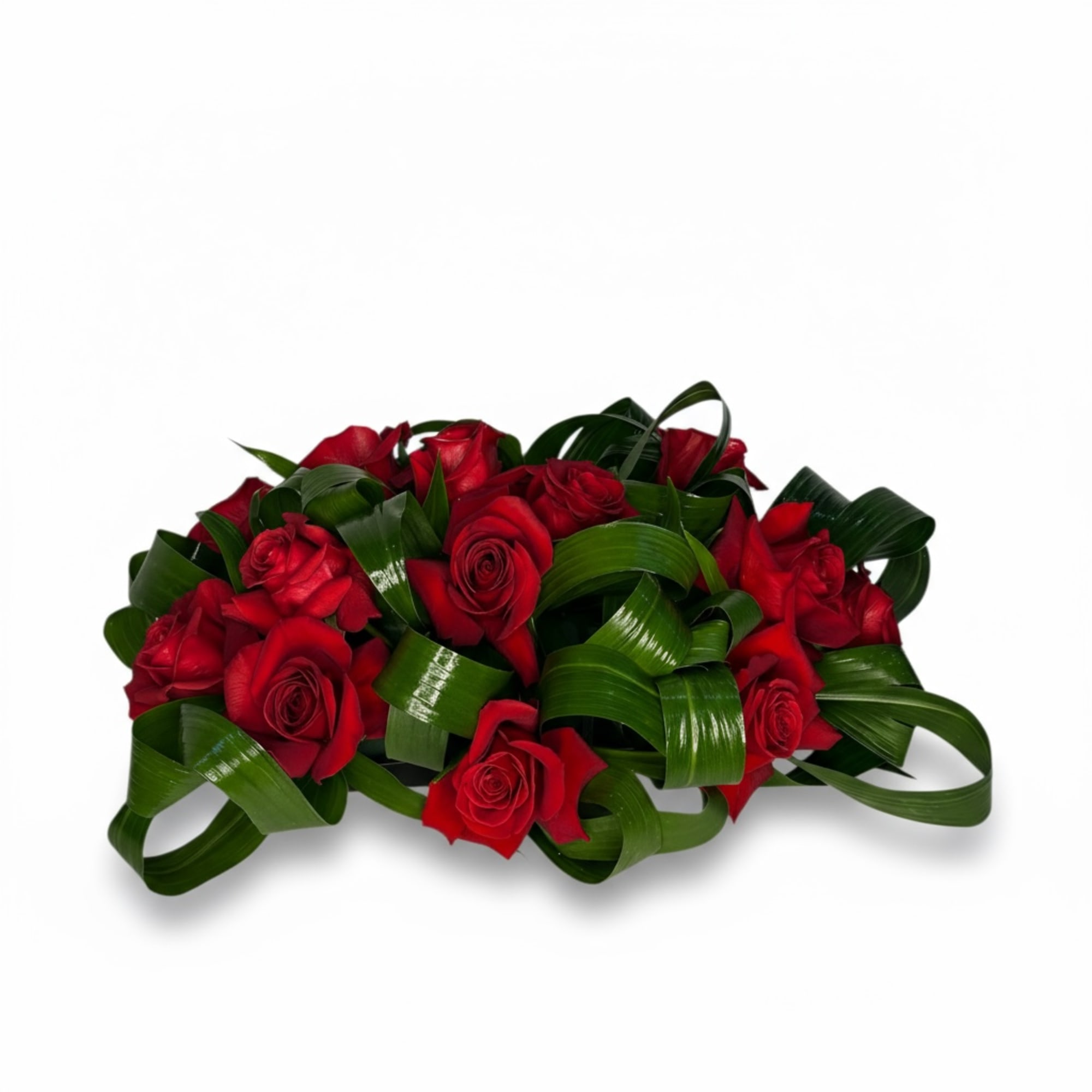 Red roses arranged with curled green ribbon loops