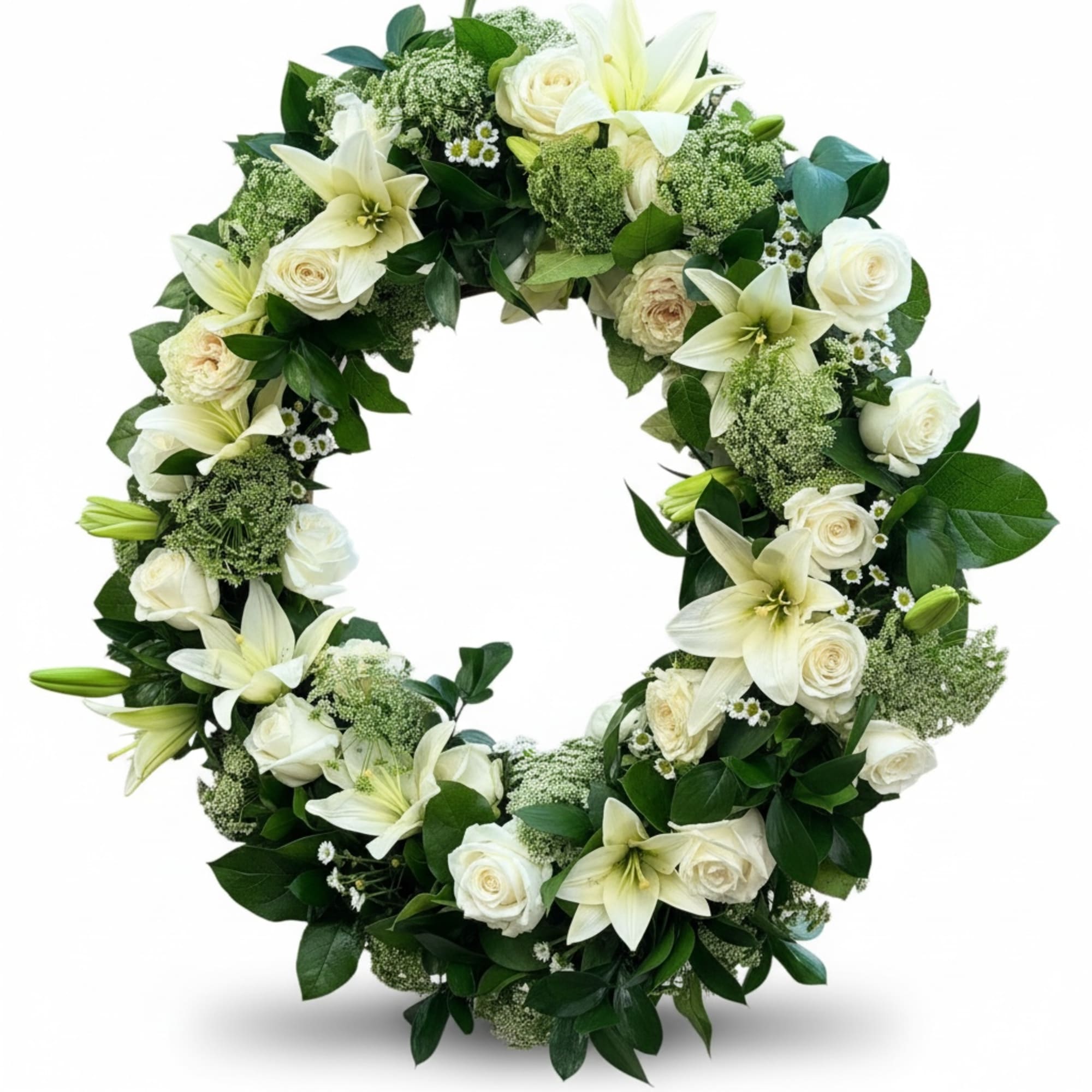 An elegant funeral wreath featuring white lilies, white roses, Queen Anne's lace, photo 2 of 2