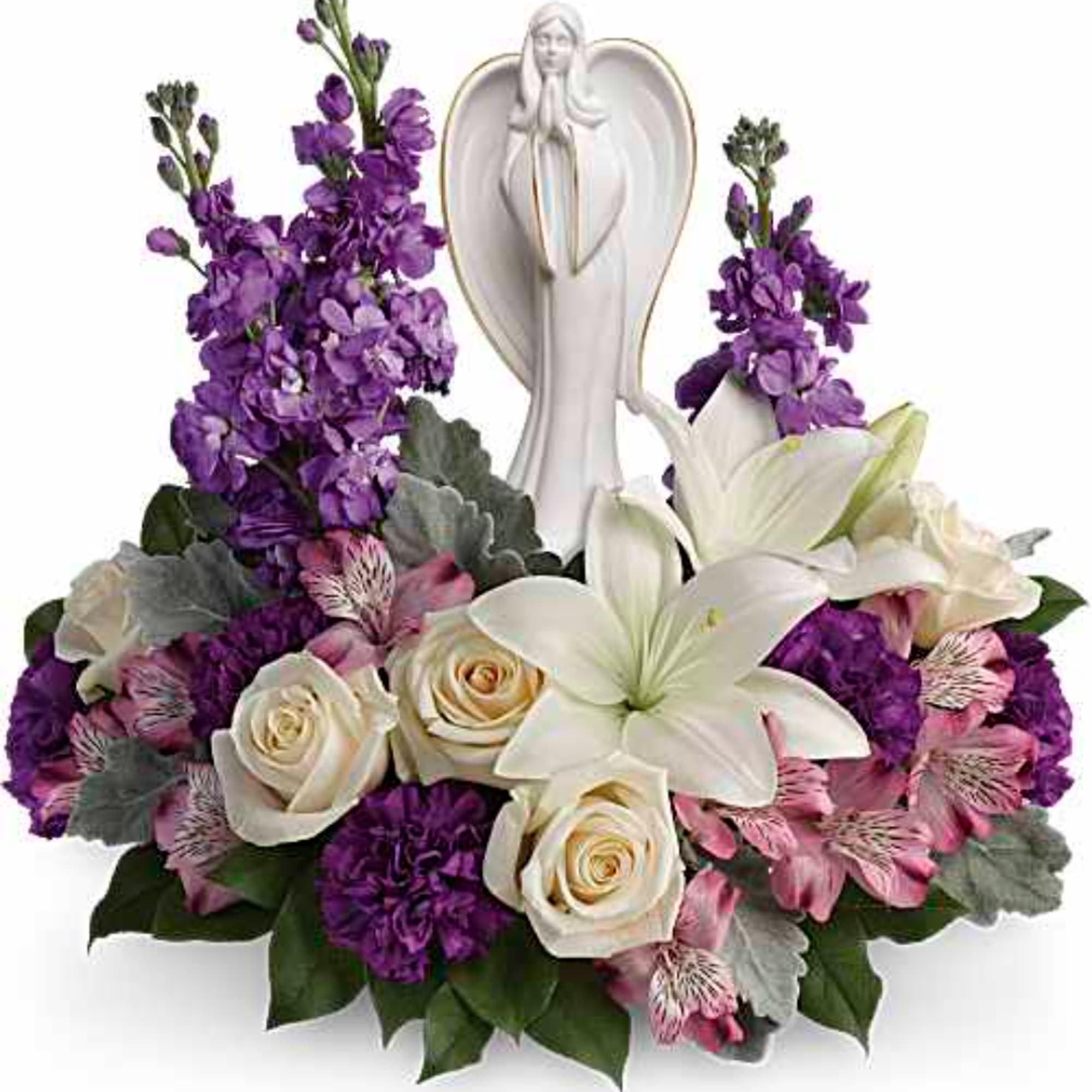 Purple and white floral arrangement with a praying angel figurine