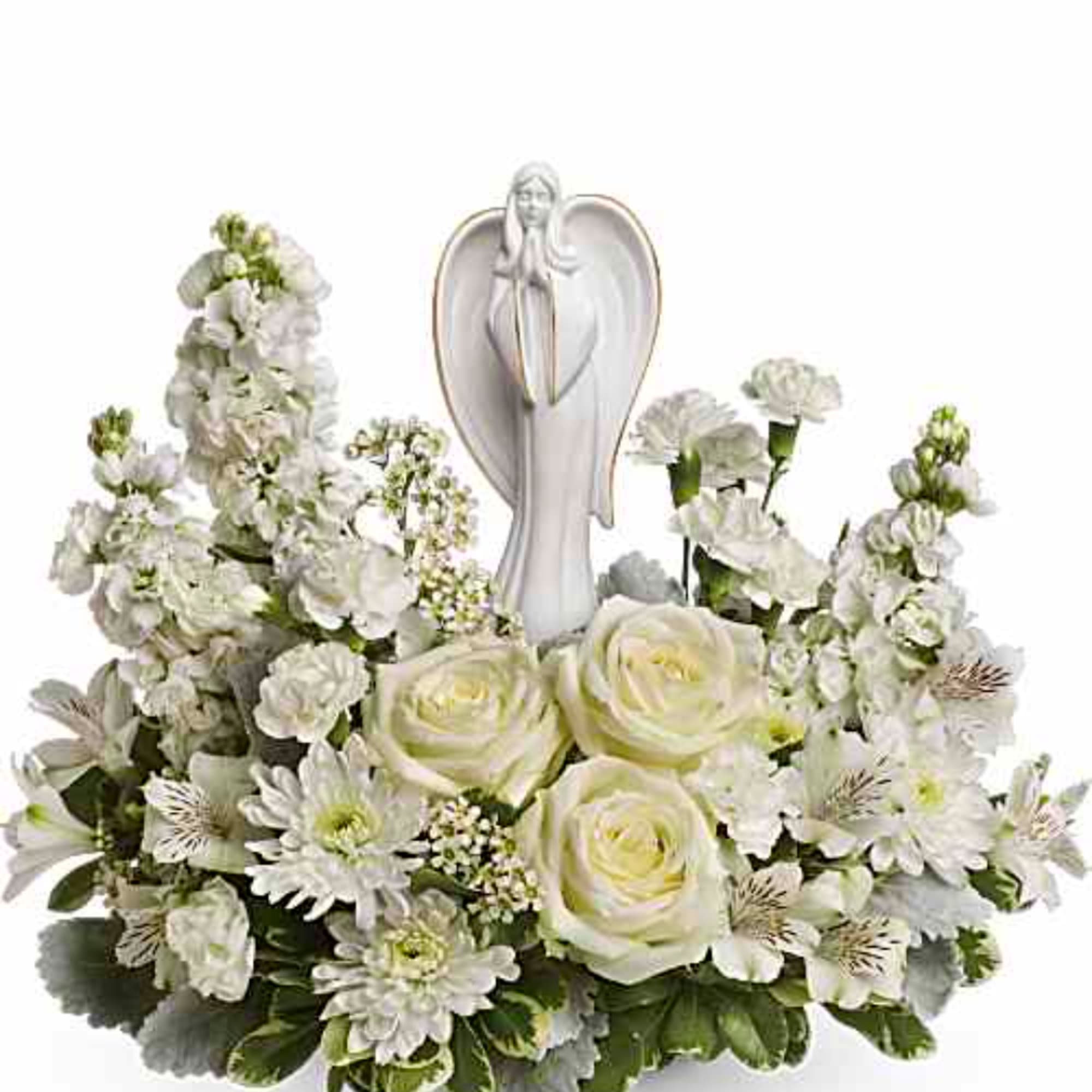 White floral arrangement with an angel figurine in the center