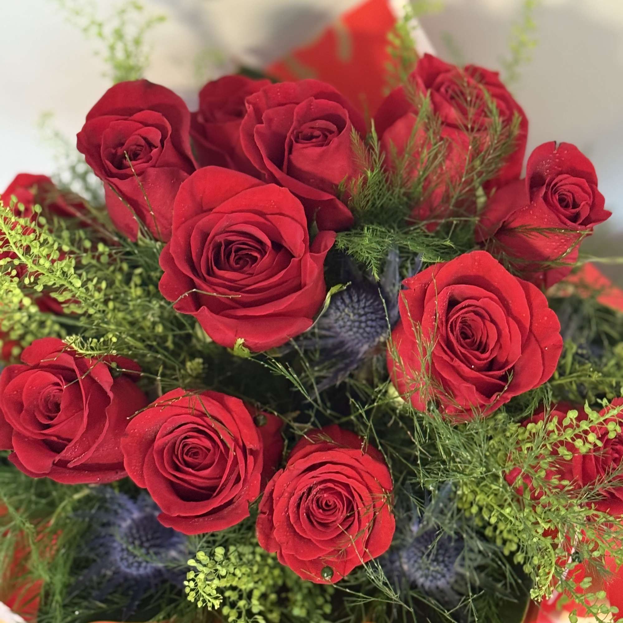 Bouquet of red roses with green filler in red wrapping