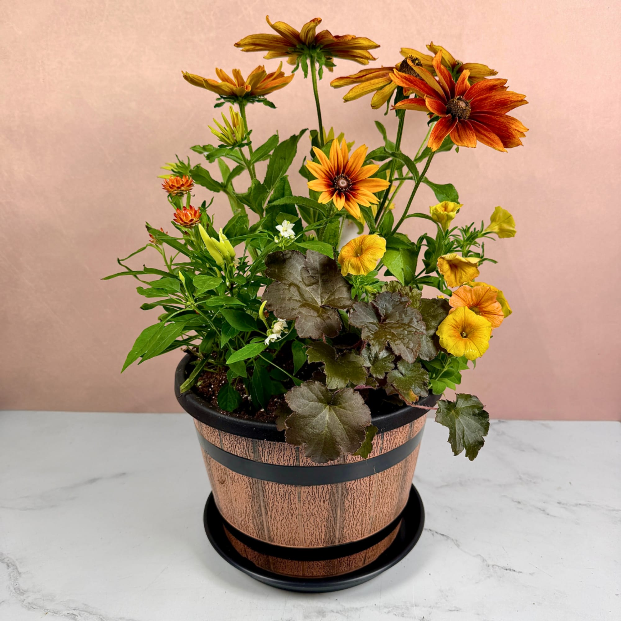 Potted arrangement with orange and yellow daisy-like flowers in a decorative planter