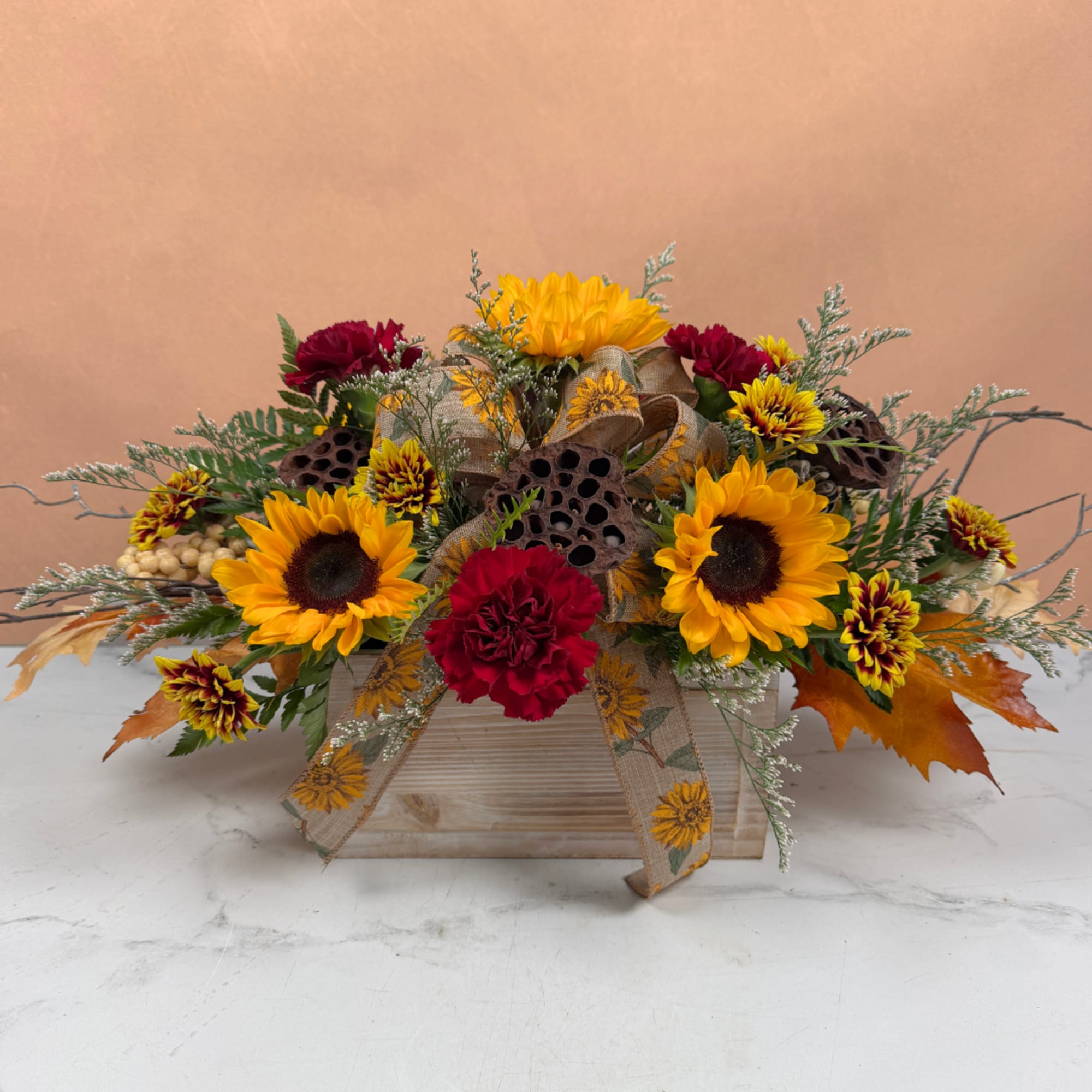 Sunflower and carnation arrangement in a wooden box with ribbon, photo 2 of 4
