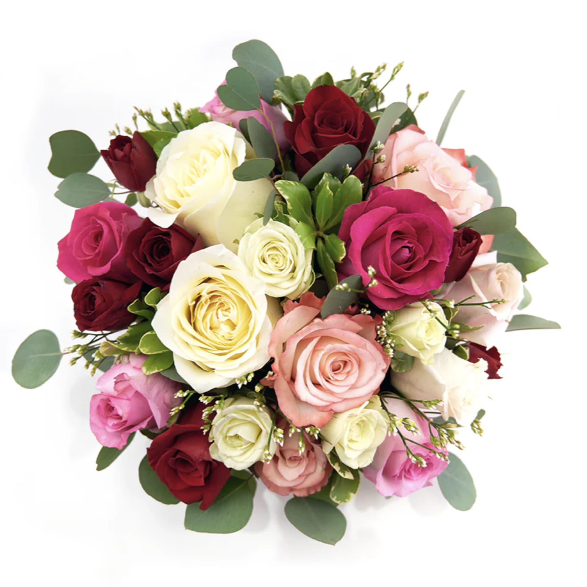 Bouquet of pink, red, and cream roses with eucalyptus