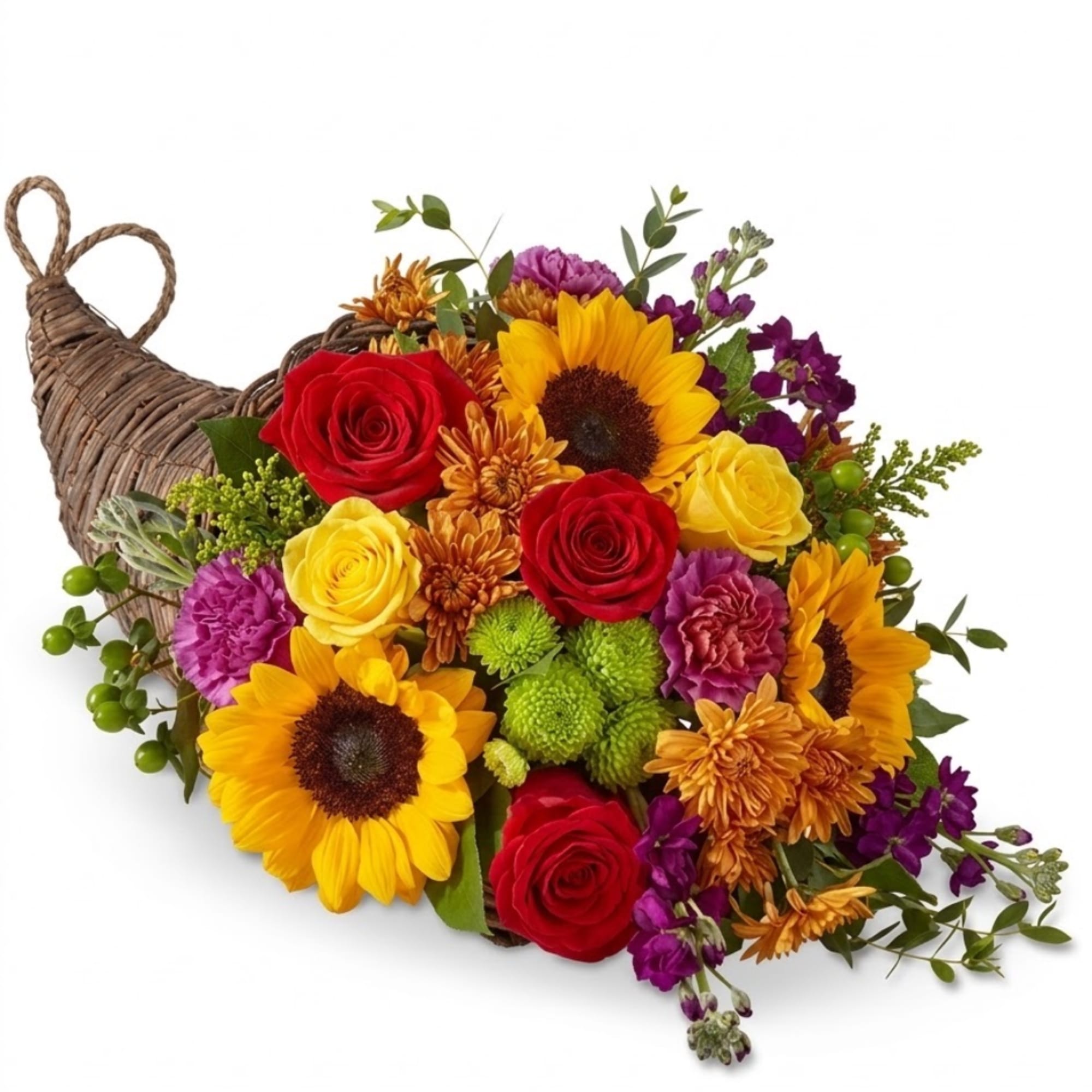 Colorful flower arrangement in a woven basket shaped like a bird