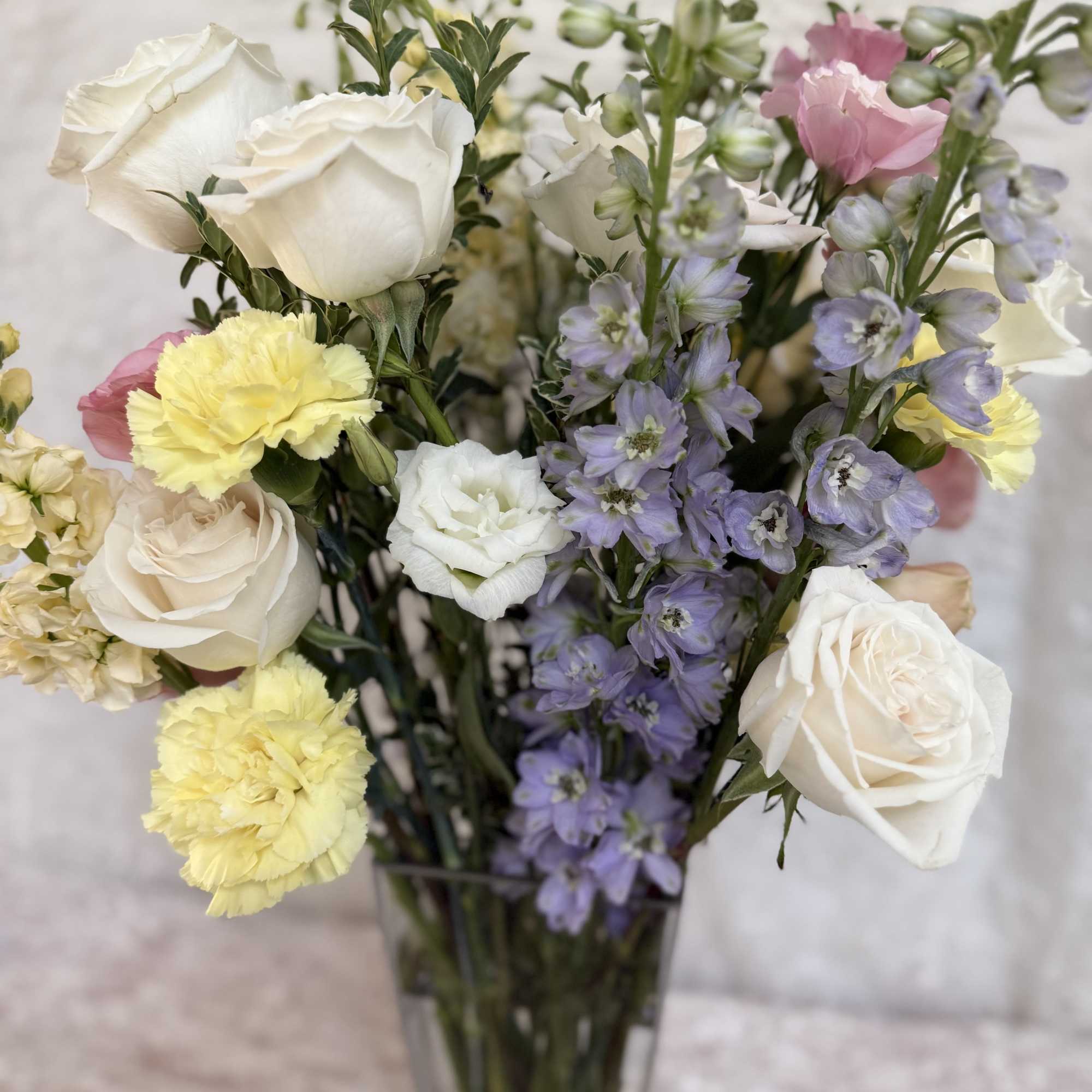 Tall 20 inch mix flower bouquet 
Delphinium, roses, carnations, stock and lisianthus., photo 2 of 3