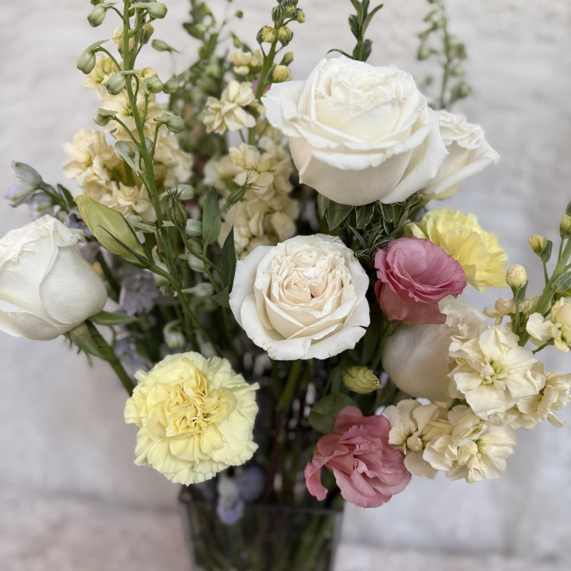Tall 20 inch mix flower bouquet 
Delphinium, roses, carnations, stock and lisianthus., photo 3 of 3
