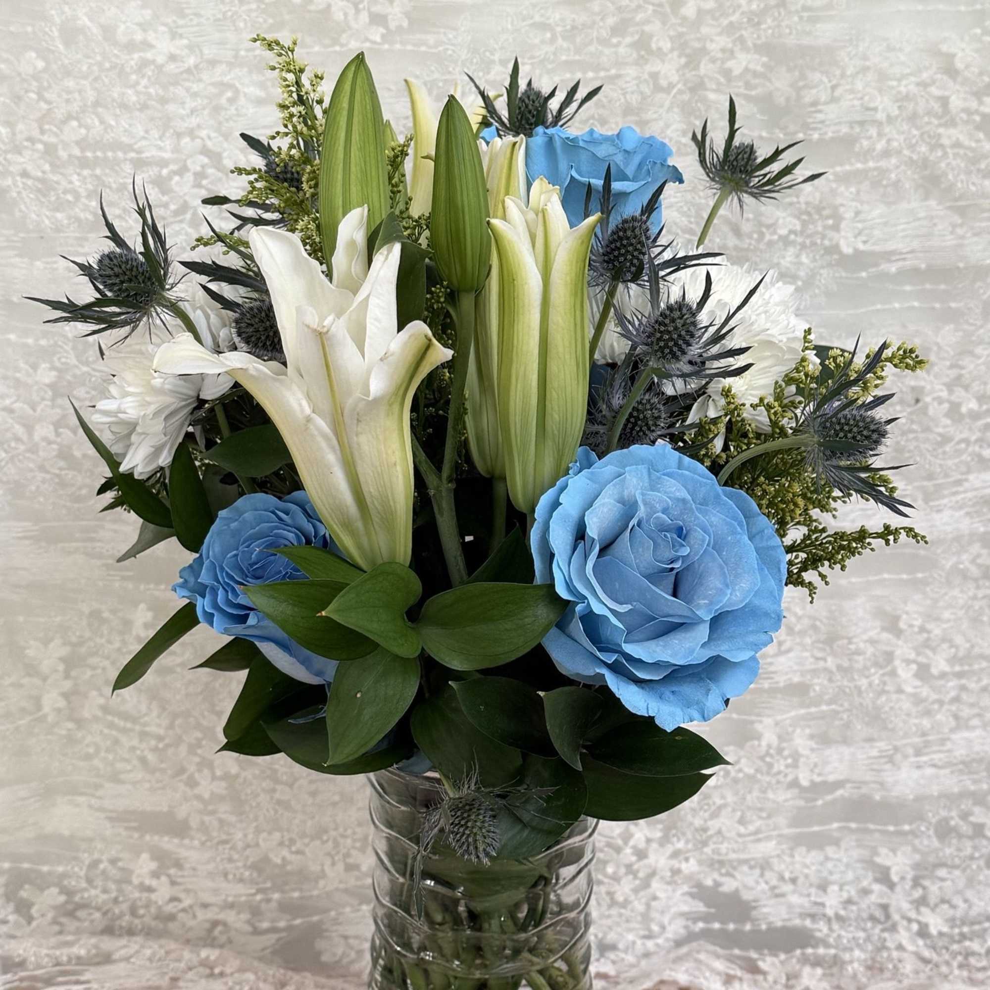 light blue and white flower arrangement, photo 2 of 2
