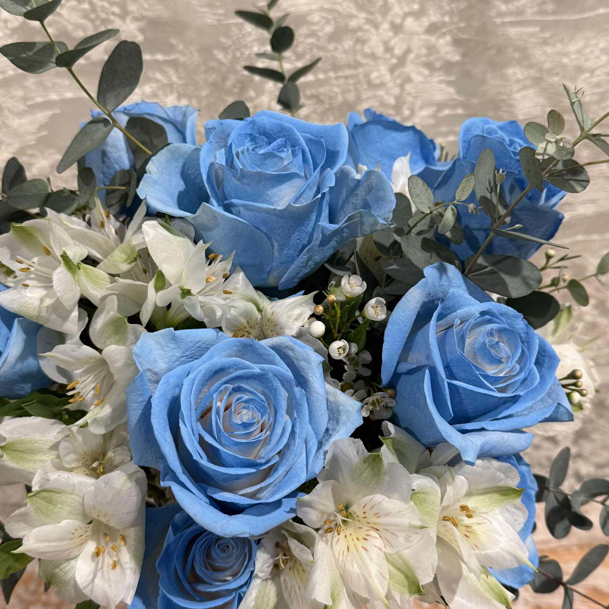 Dozen baby blue roses with Alstroemeria and wax flower , photo 3 of 3