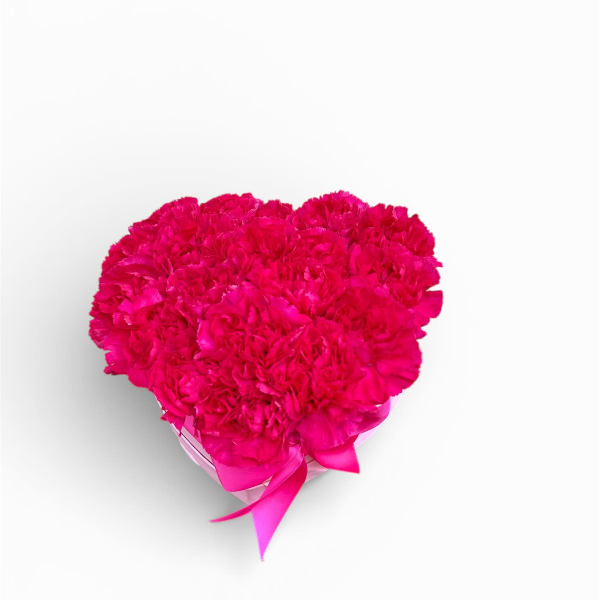 Heart-shaped bouquet of hot pink carnations with a ribbon wrap