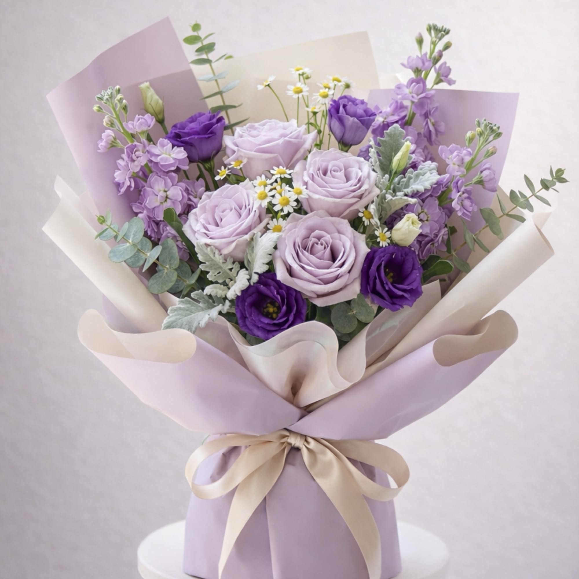 Lavender and purple bouquet of roses and small filler flowers wrapped in pastel paper