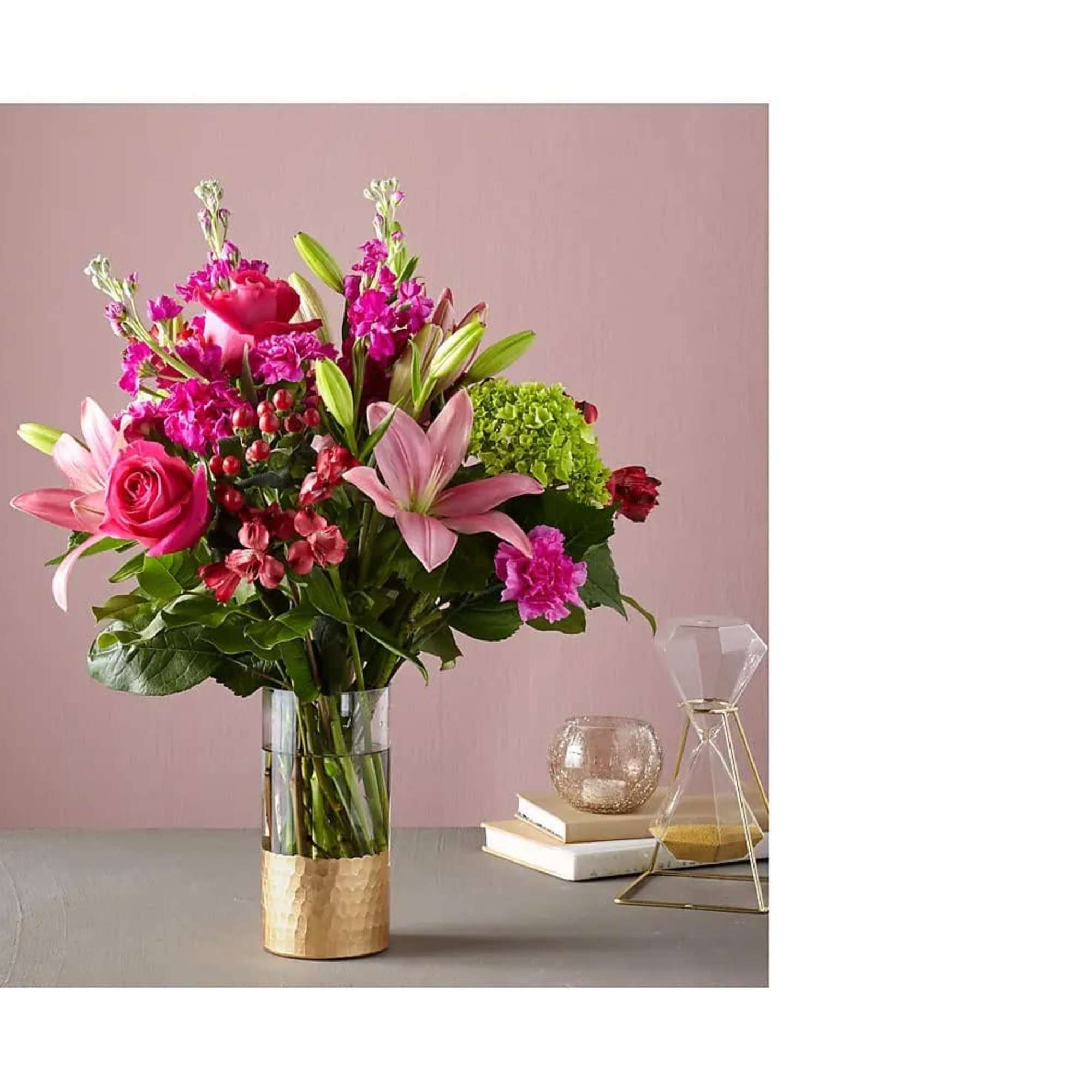 clear golden bottom vase with hot pink, red, green and light pink