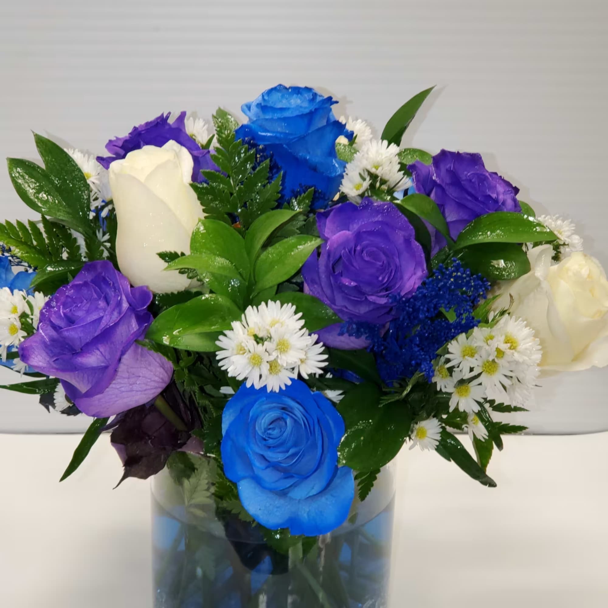 Deep purple roses, blue roses and white roses., photo 2 of 2