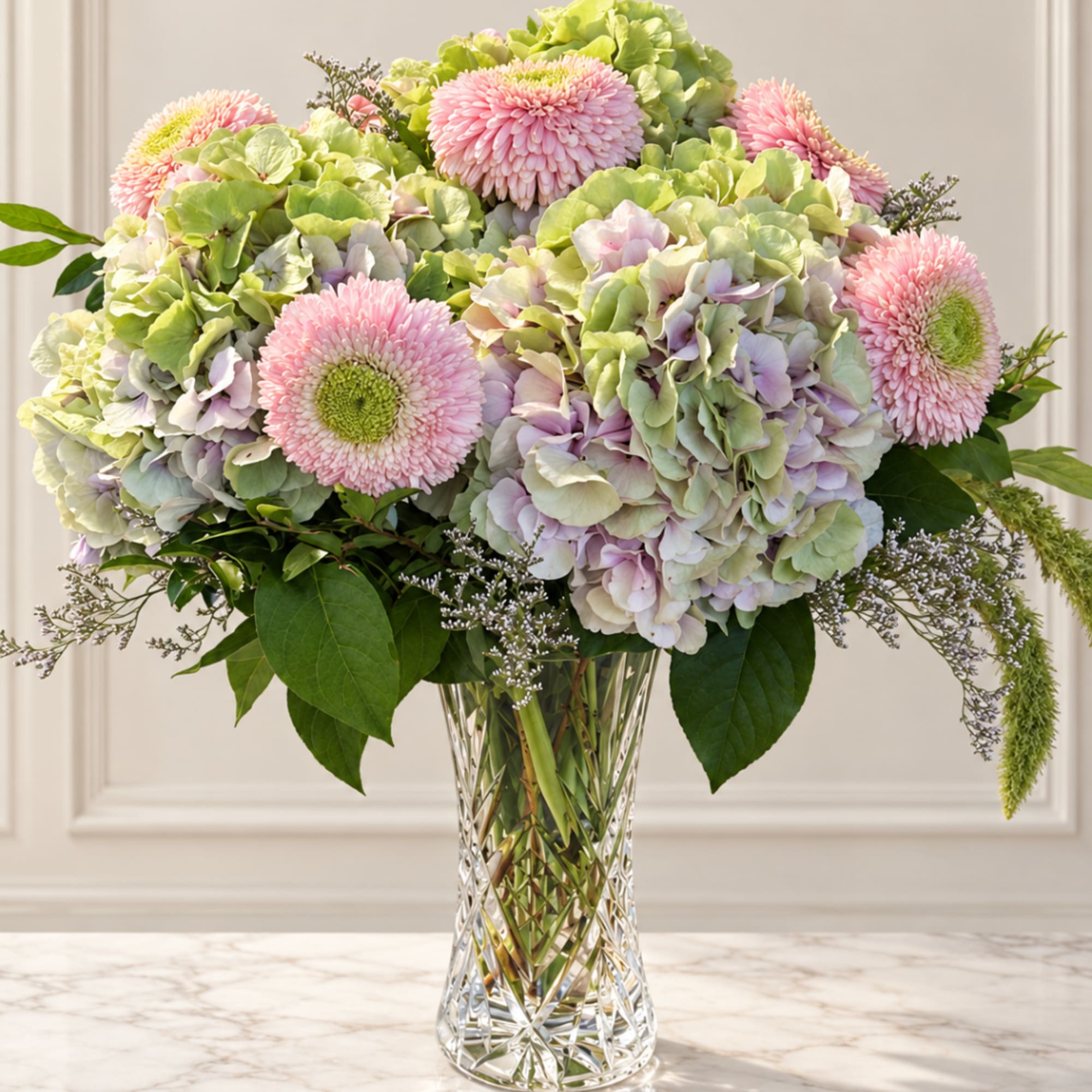Pink pompon flowers and hydrangeas in a clear glass vase