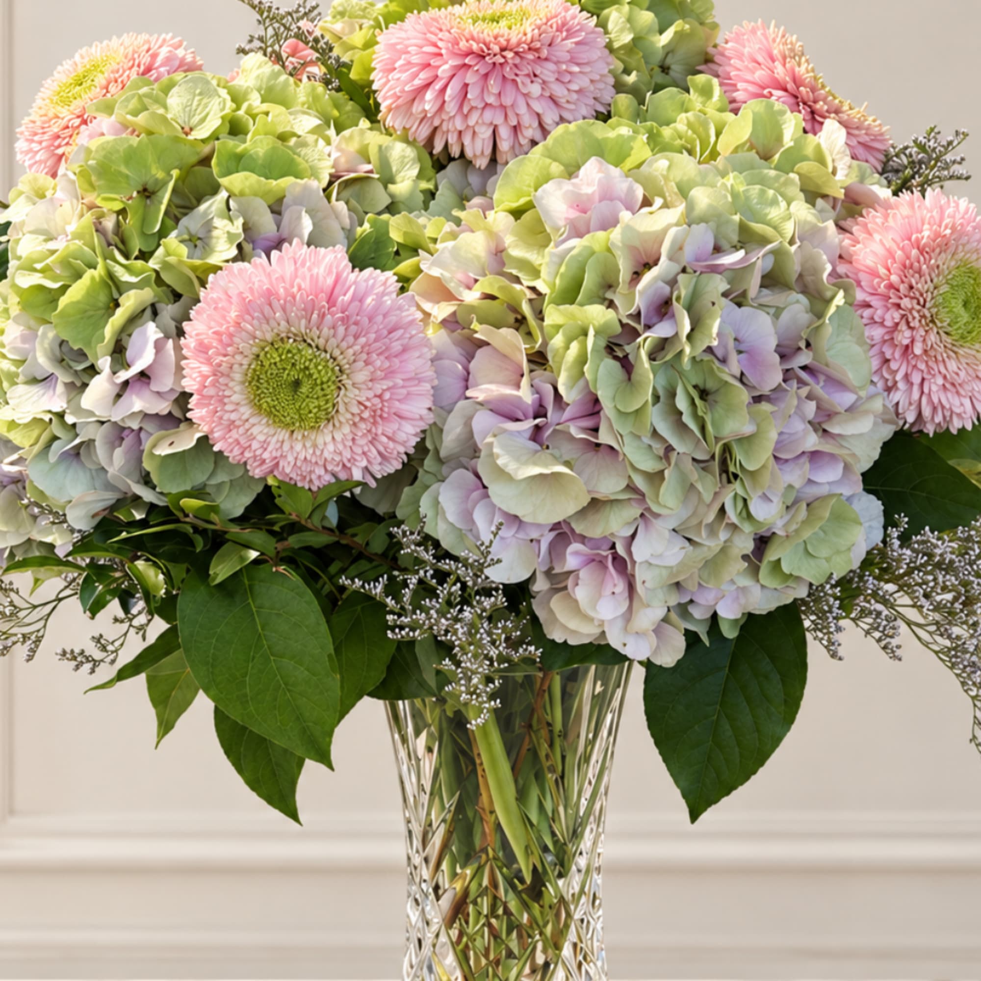 Pink and green floral arrangement in a clear glass vase