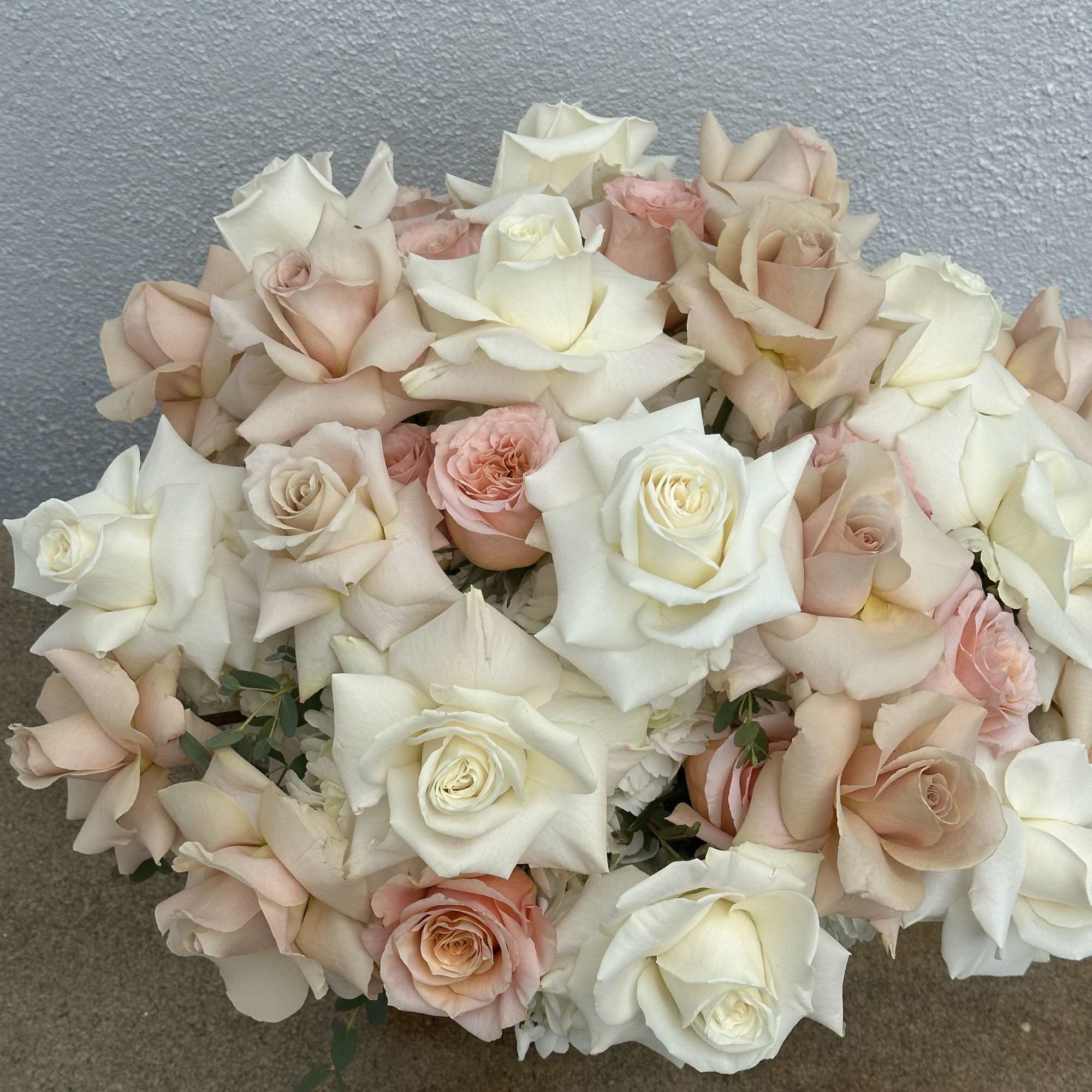Bouquet of cream, blush, and peach roses