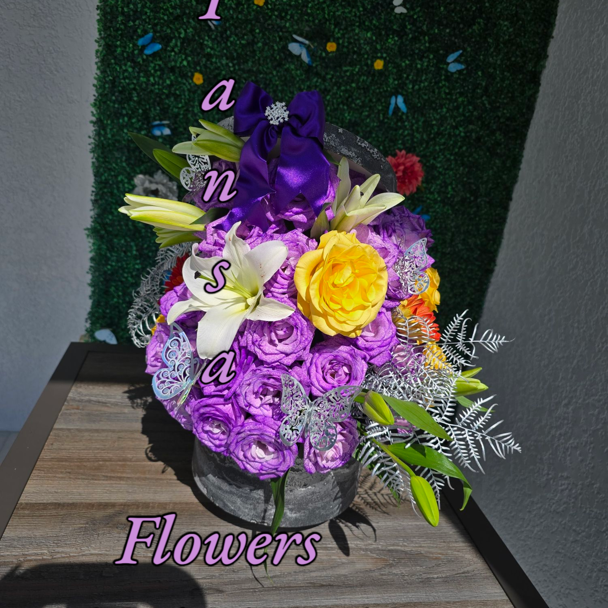  Purple Mixed Floral Arrangement in Round Box 
Elegant, mysterious, and full, photo 2 of 2
