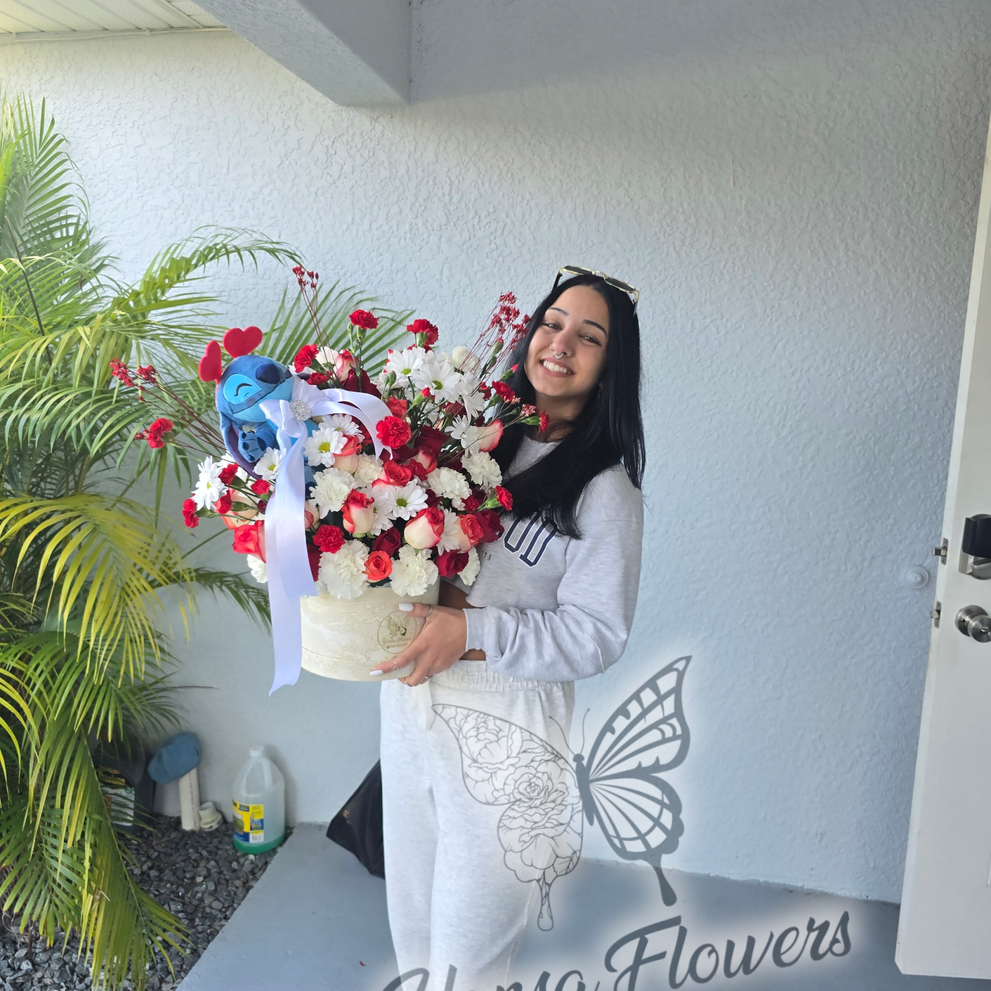 Our round box floral centerpiece with a Stitch plush is the perfect, photo 3 of 3