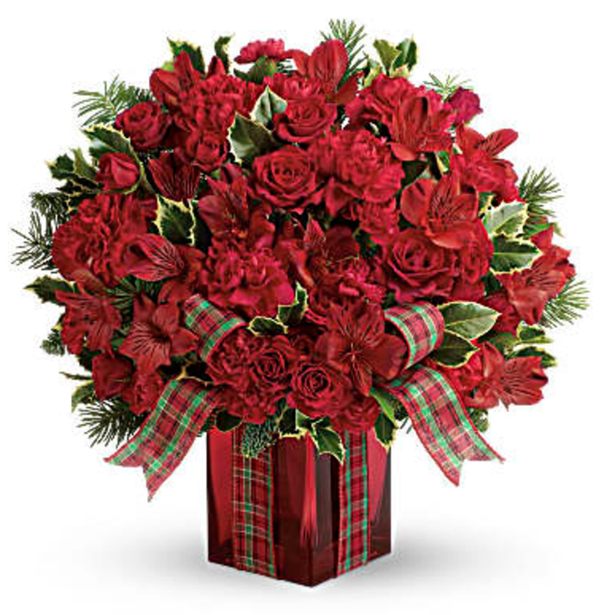 Red floral arrangement in a red vase with plaid ribbon accents