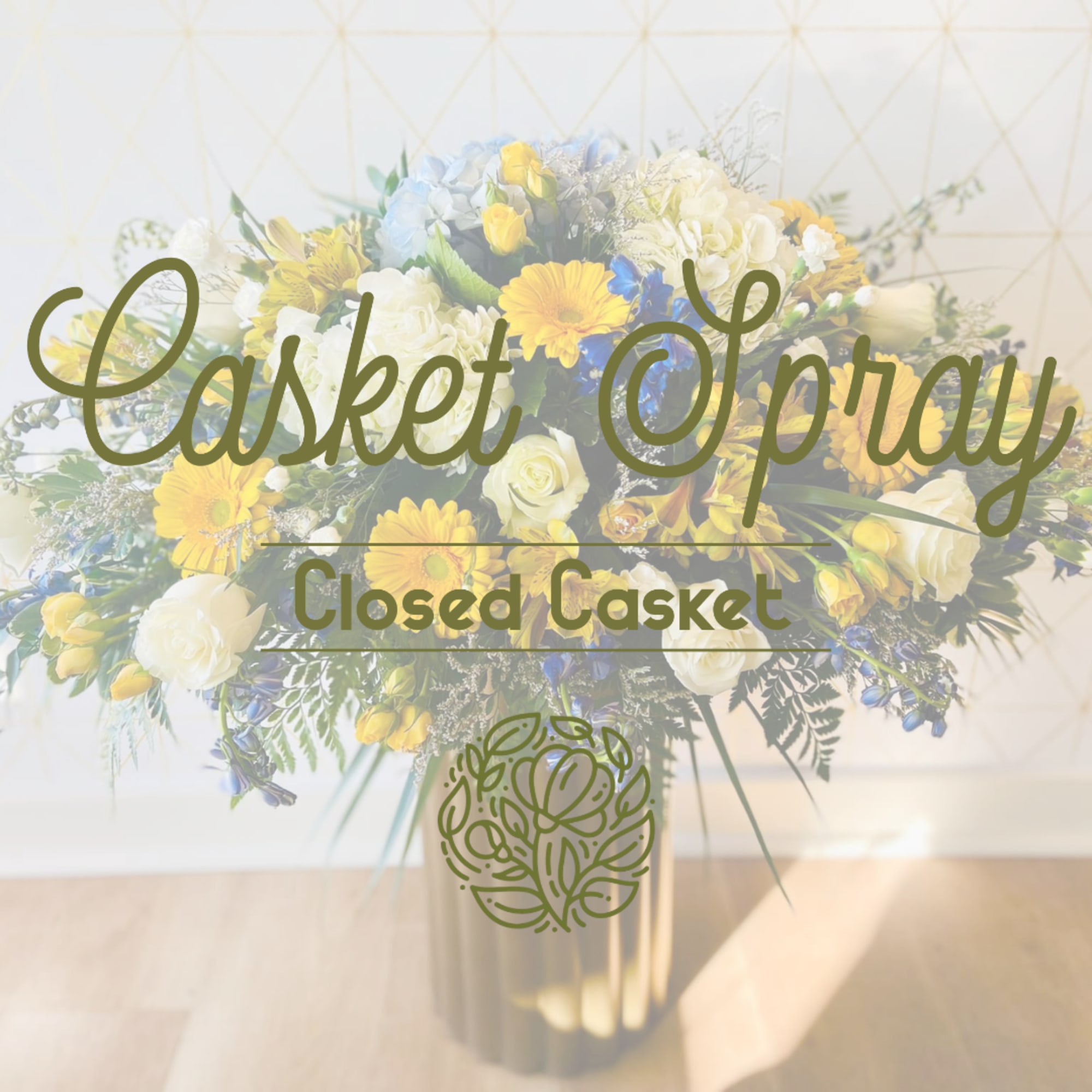Casket spray with yellow, white, and blue flowers