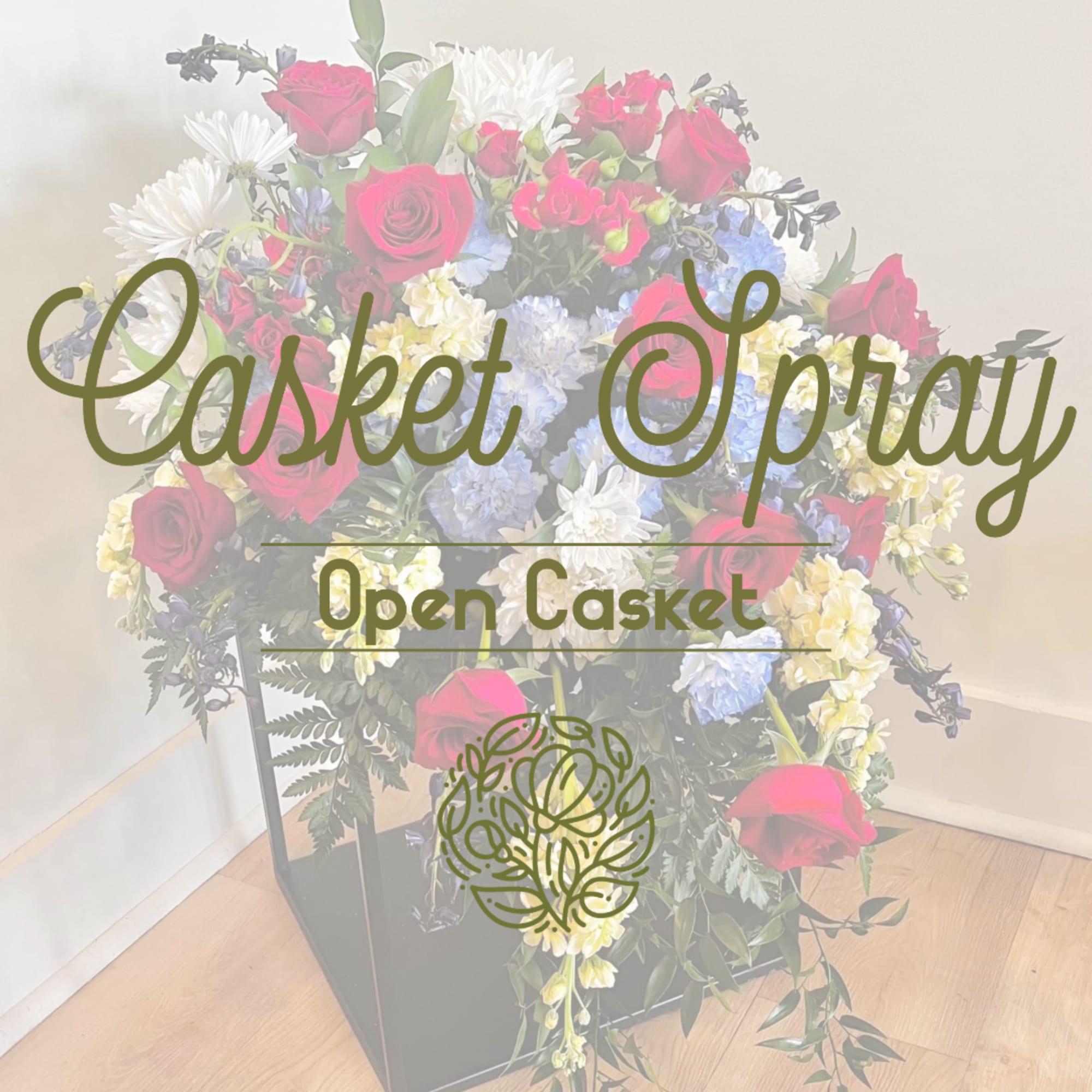 Open casket spray with red roses, white daisies, and blue flowers