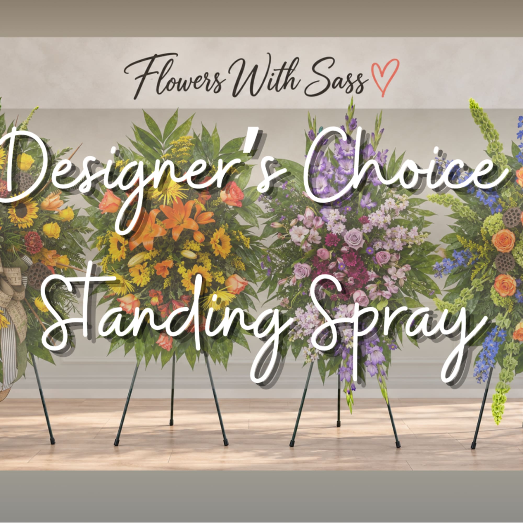 Standing floral sprays on easels with large overlaid text