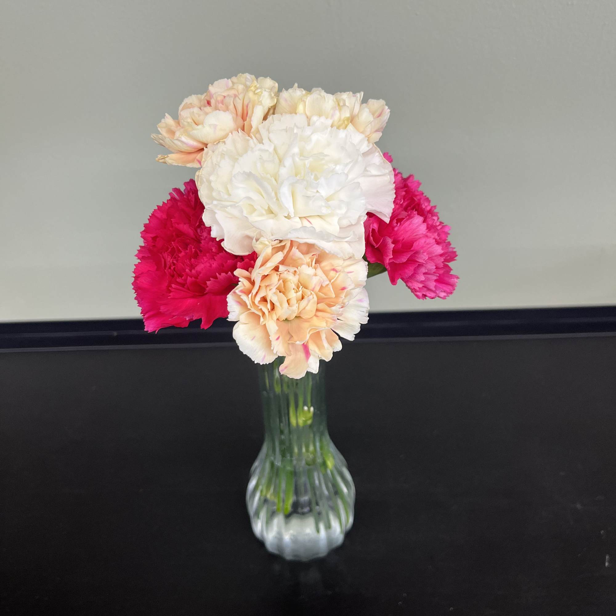 Pink and white carnations in a clear glass vase