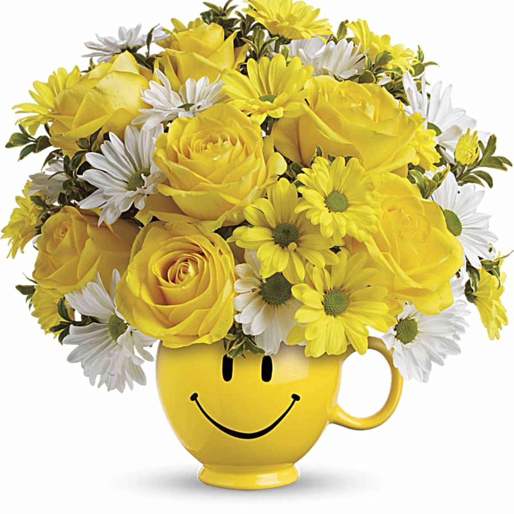 Yellow roses and white daisies in a smiley-face mug