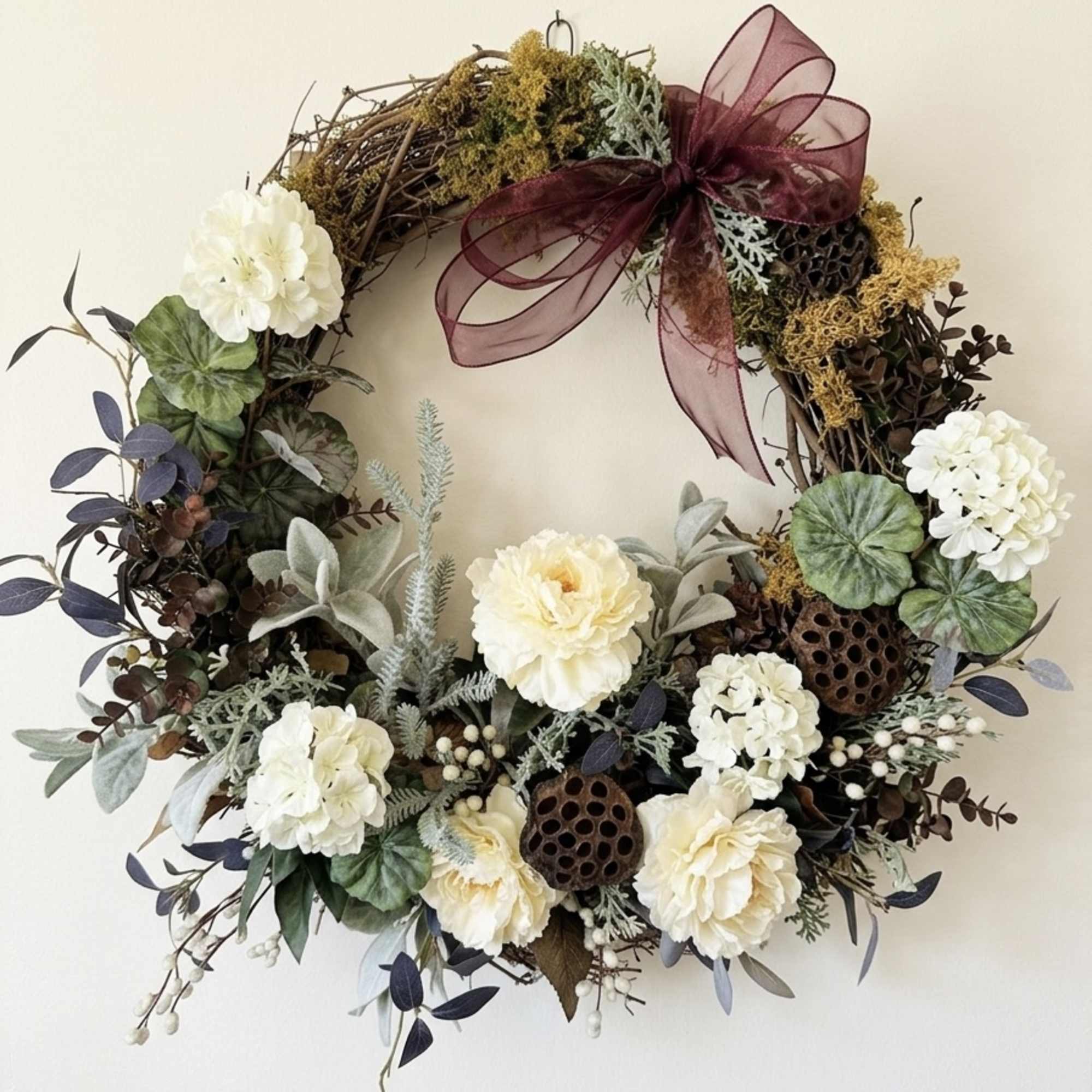 Floral wreath with cream blooms and a burgundy ribbon bow