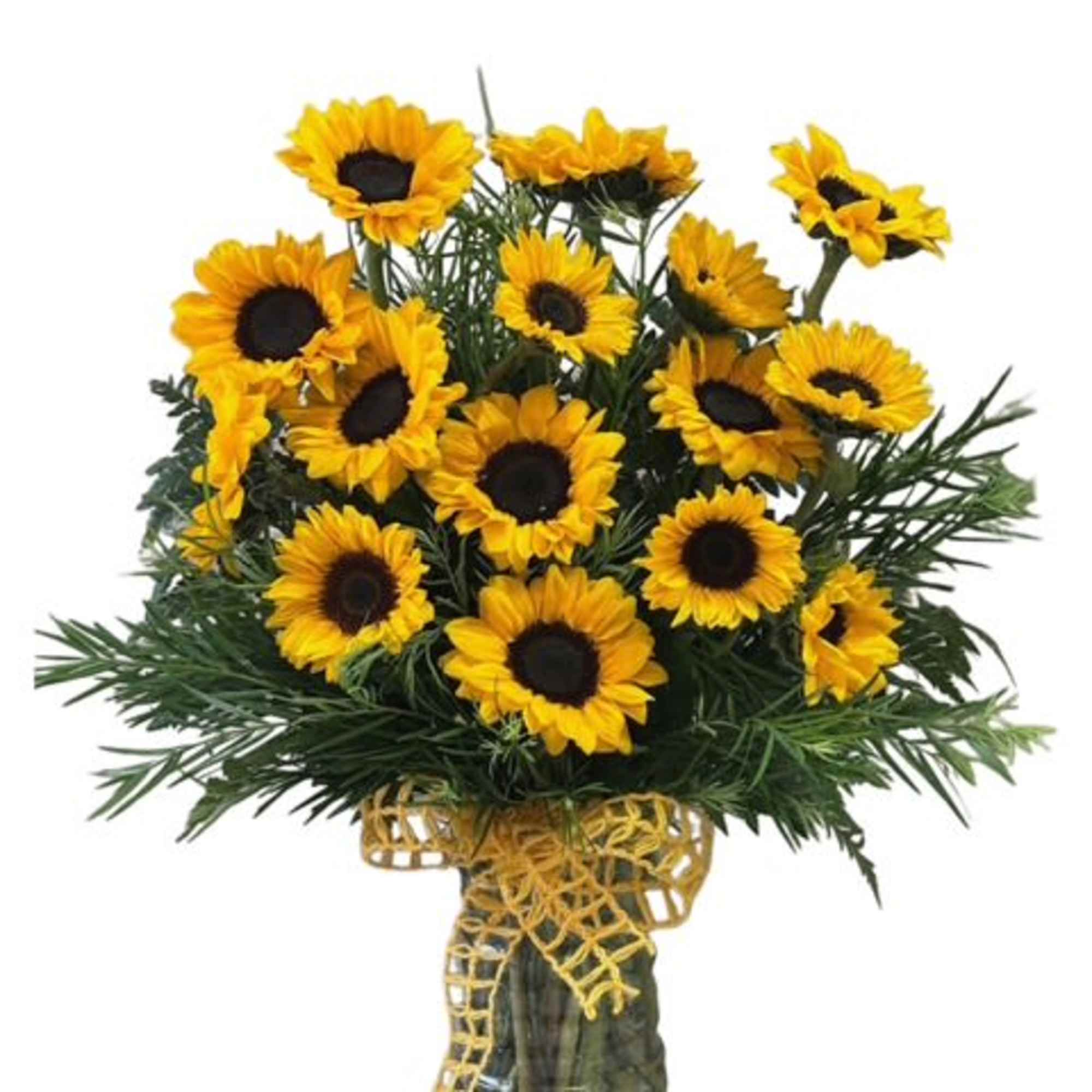 Bouquet of yellow sunflowers in a glass vase with a gold ribbon