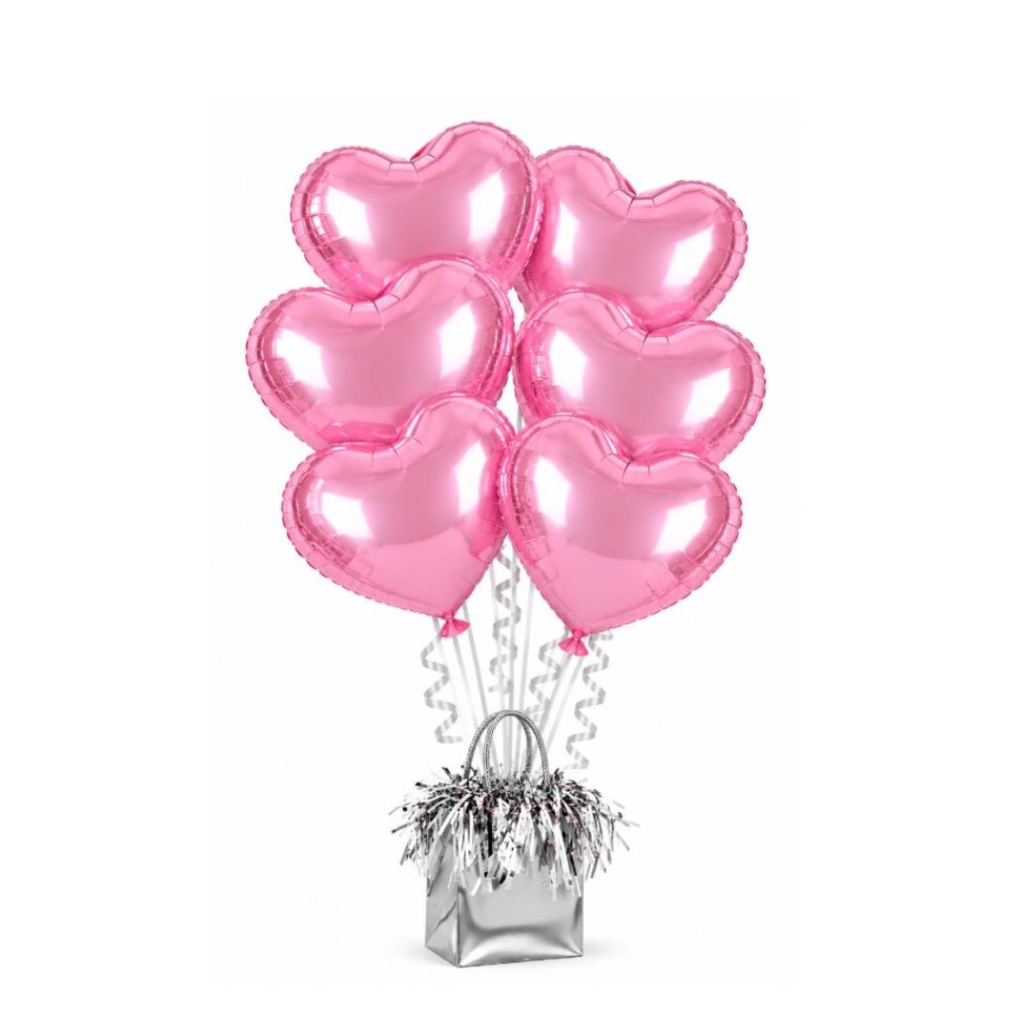 Cluster of pink heart-shaped balloons in a silver gift bag
