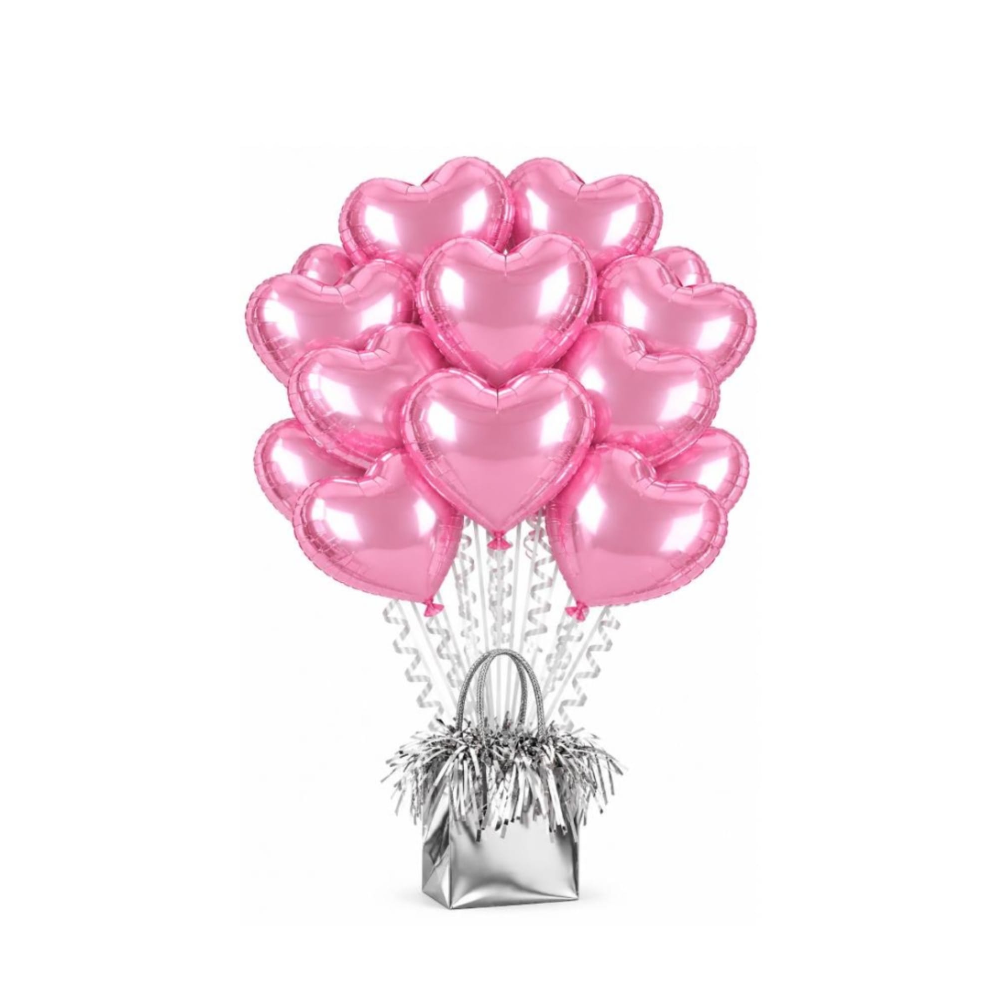 Cluster of pink heart-shaped balloons in a silver gift bag