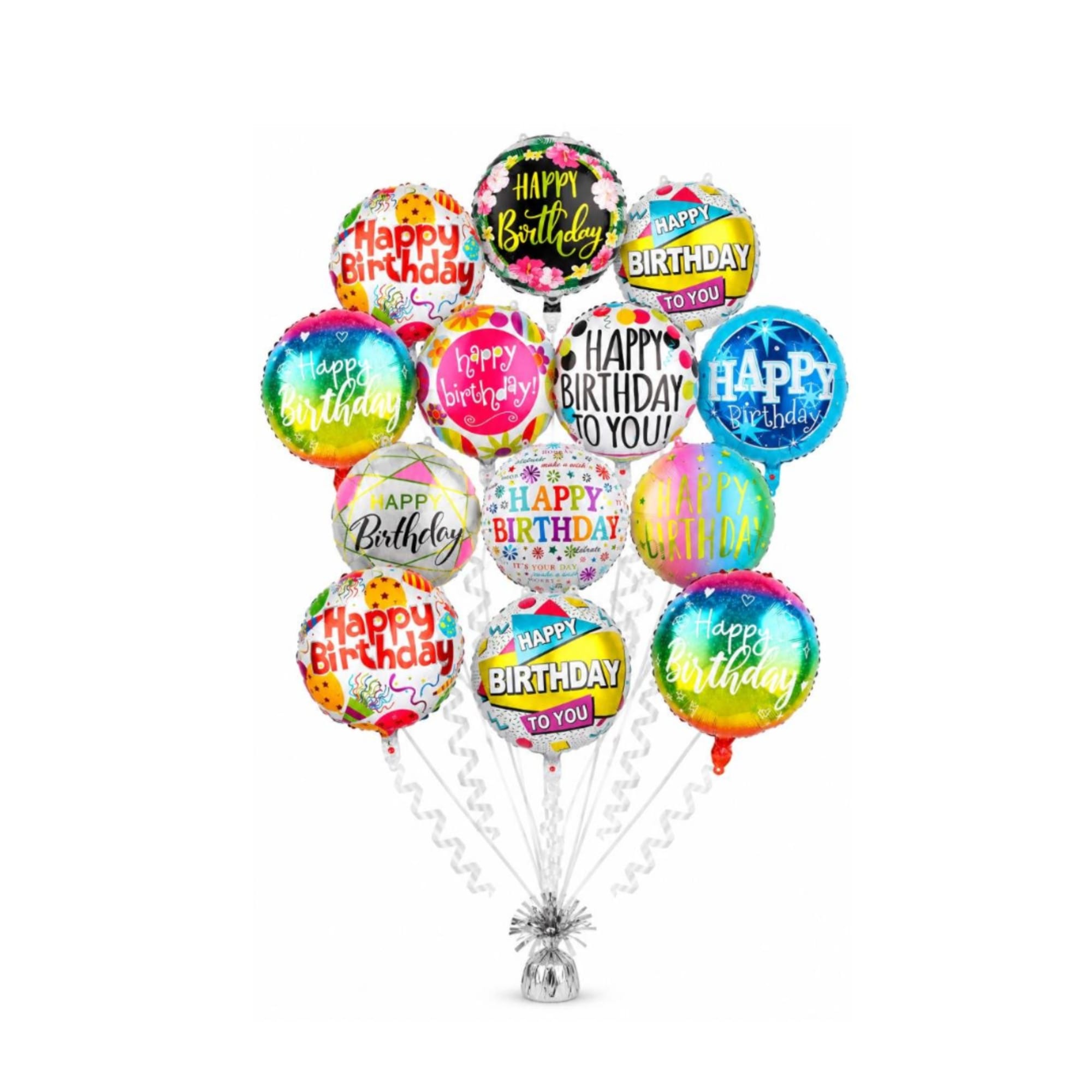 Cluster of colorful birthday balloons with a silver base