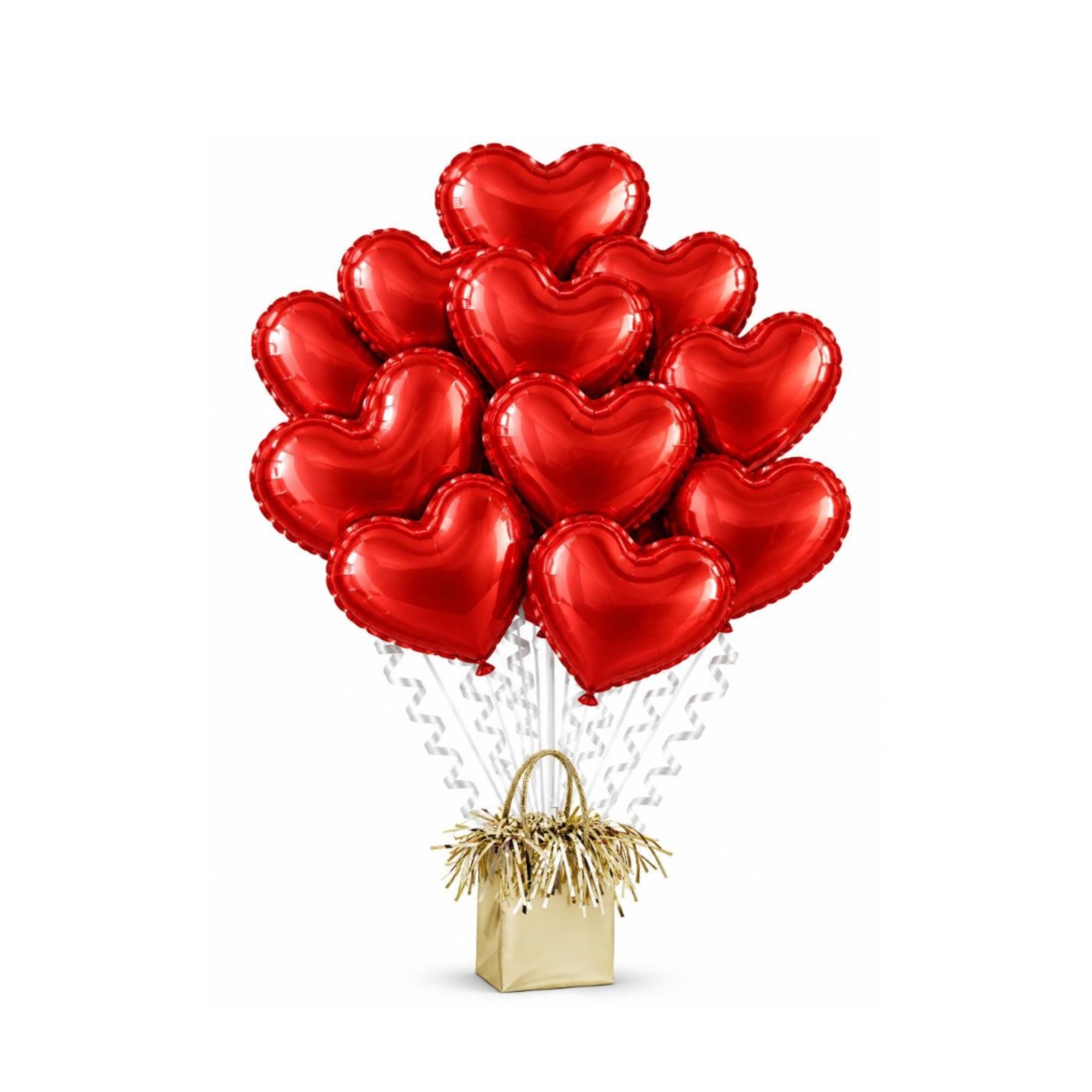 Cluster of red heart-shaped balloons in a gold gift bag