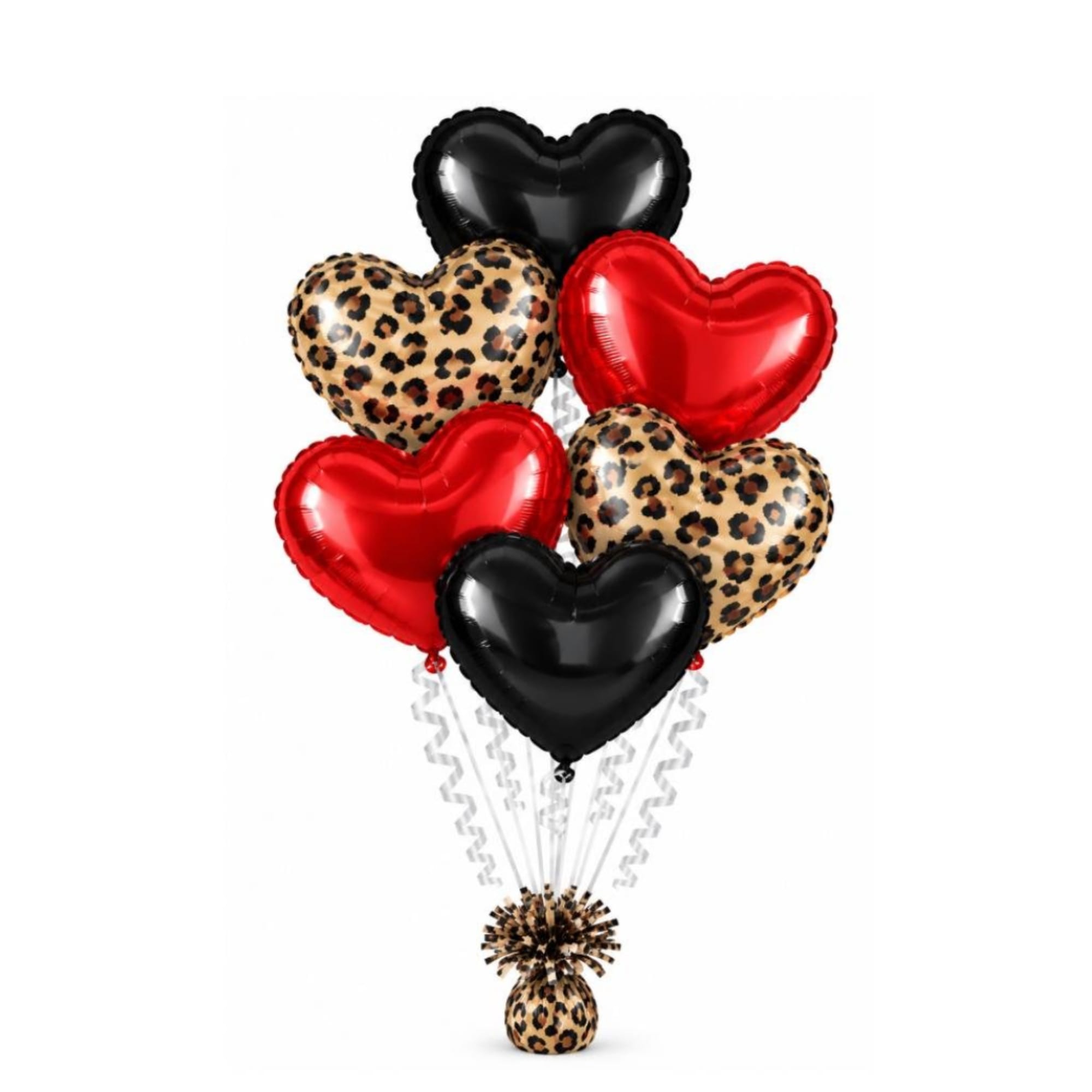 Cluster of heart-shaped balloons in red, black, and leopard print