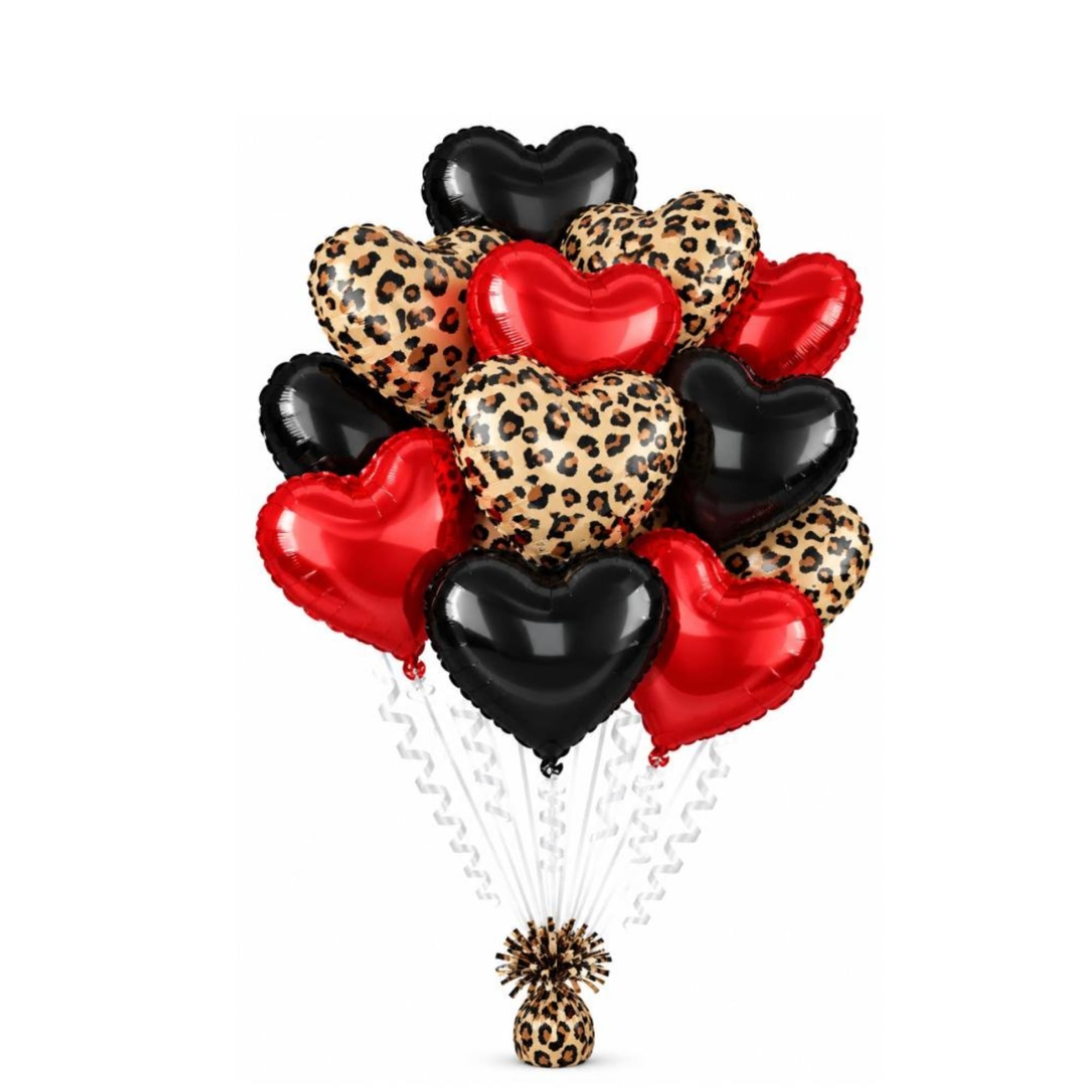 Cluster of heart-shaped balloons in red, black, and leopard print