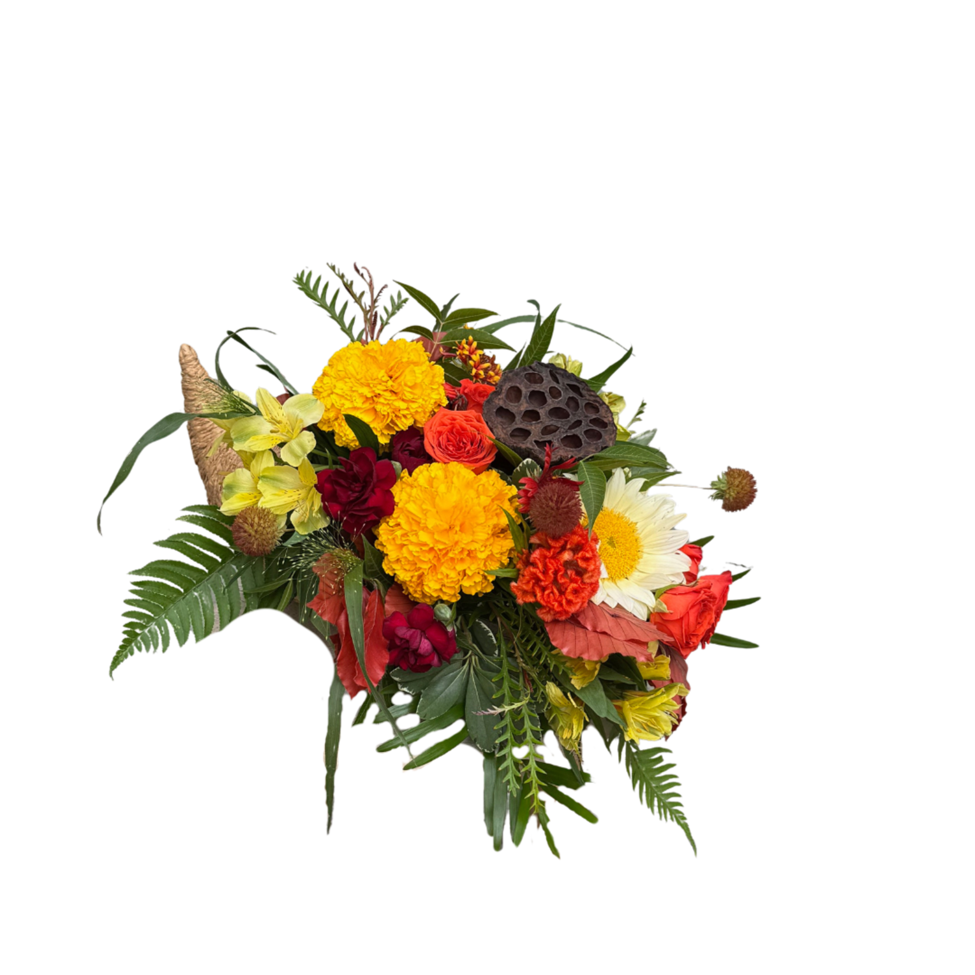 Colorful bouquet with marigolds, roses, and a white daisy