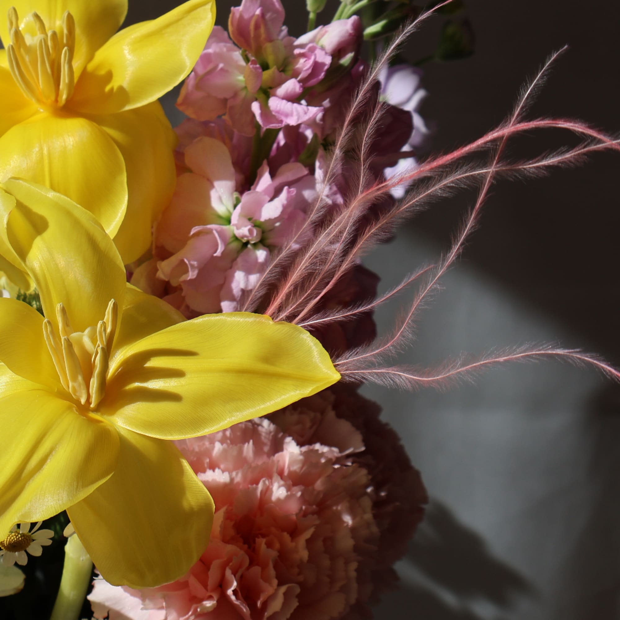 Yellow tulips with pink carnations and feathery stems in close-up