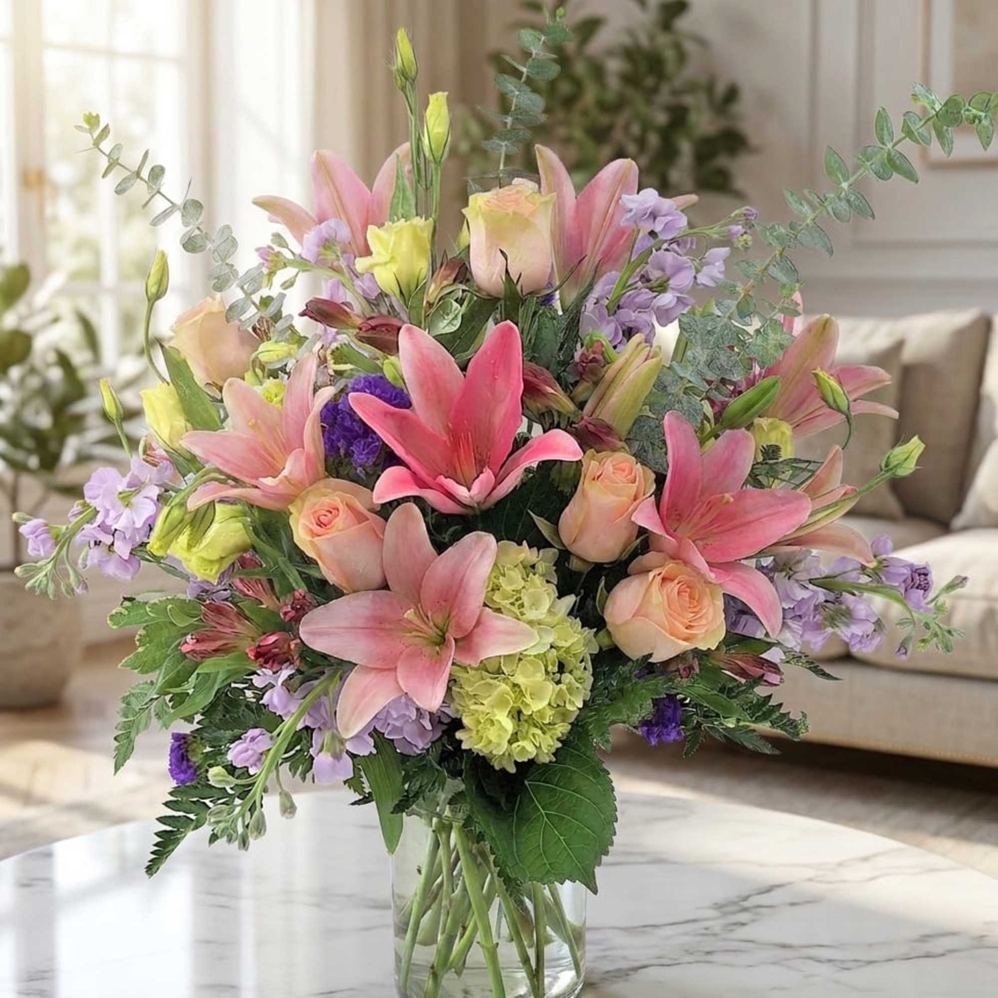 Elevate your space with our modern and colorful floral arrangement presented in