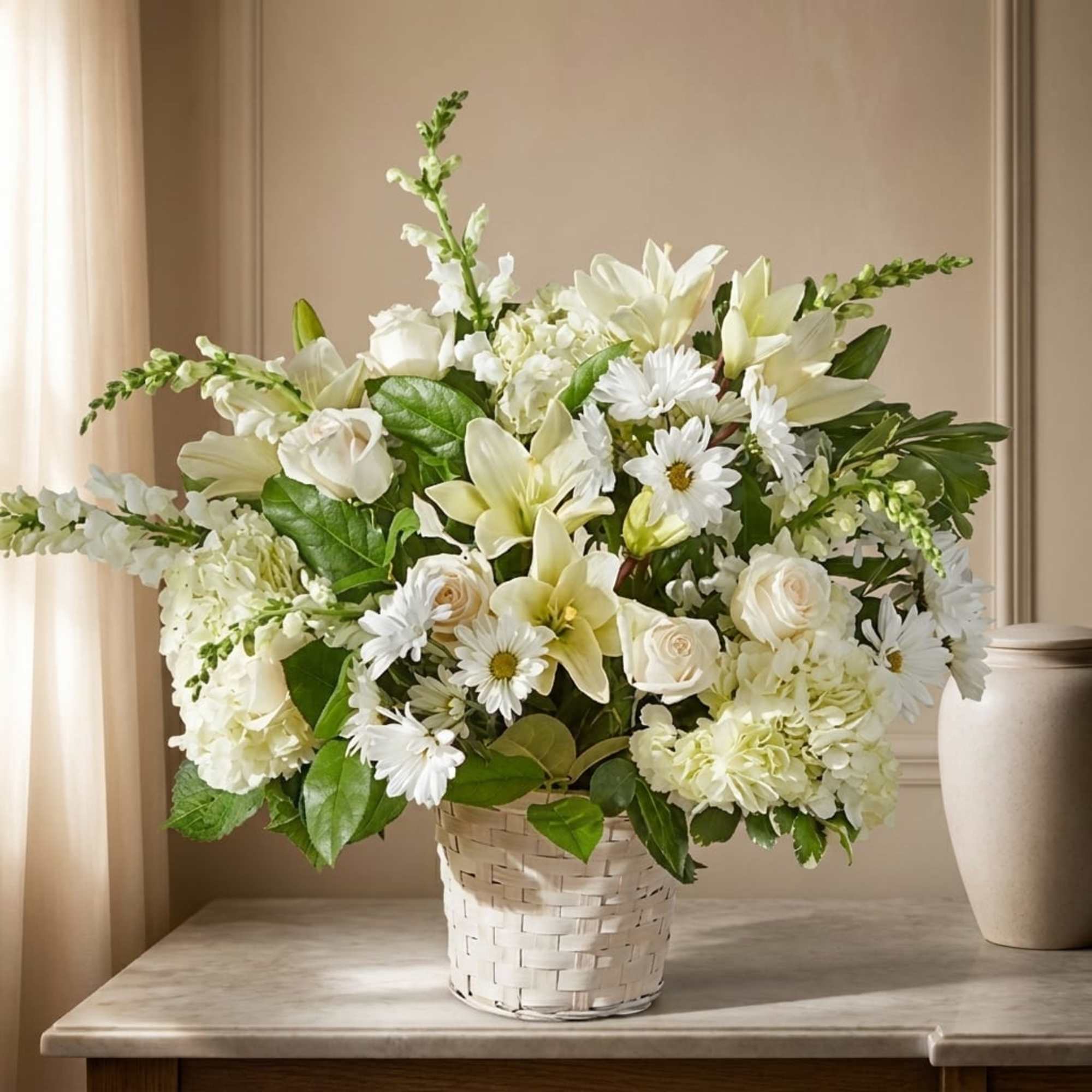 Our funeral basket arrangement is a beautiful tribute, crafted with love and