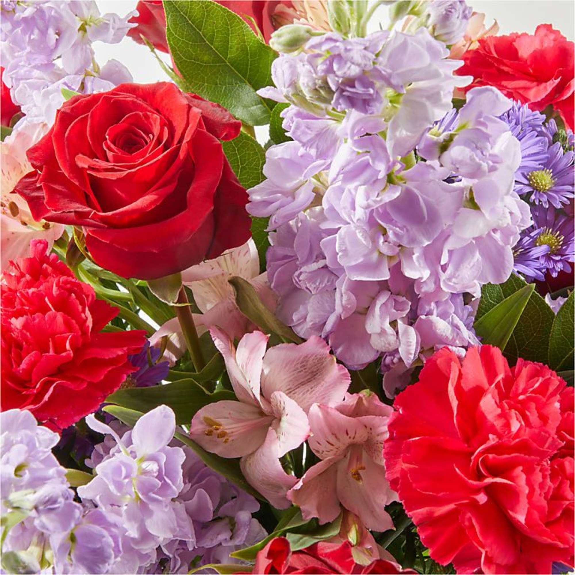 Bouquet of red roses, lavender flowers, and pink carnations