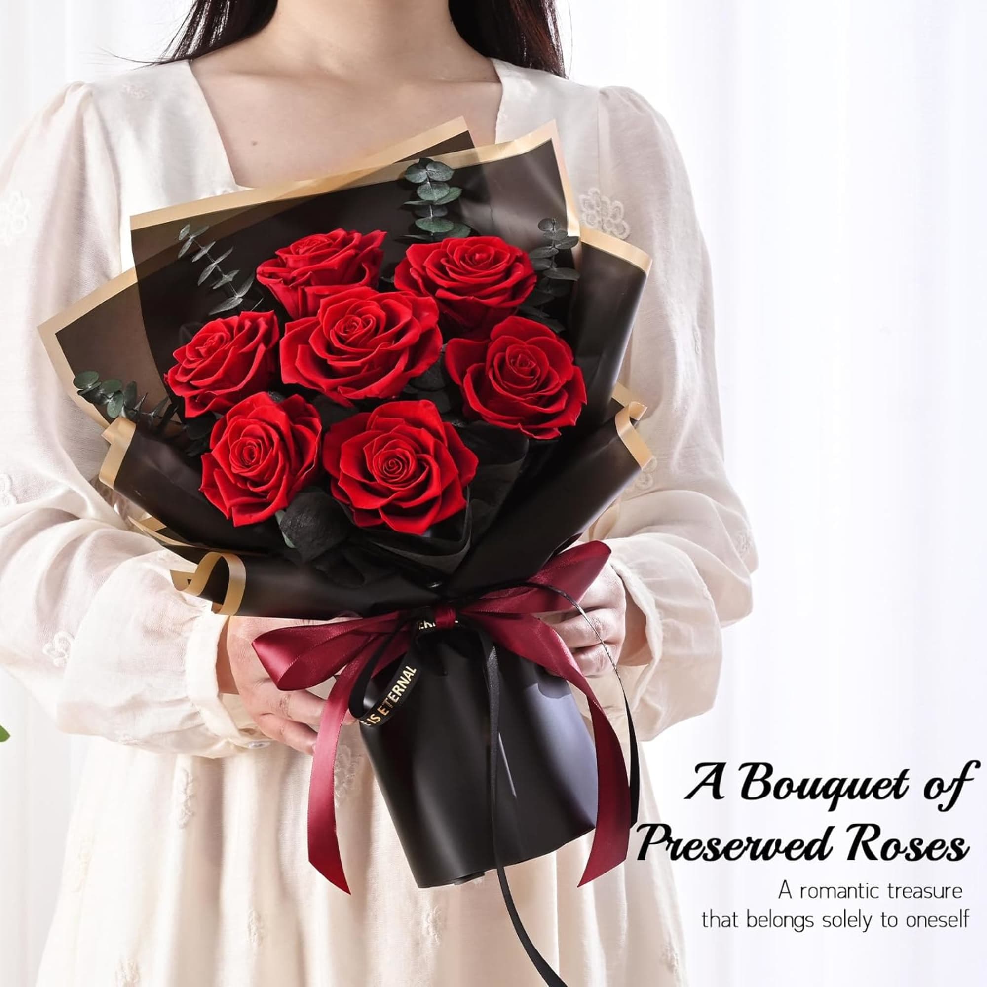 Bouquet of red roses wrapped in black paper with a burgundy ribbon, photo 2 of 4