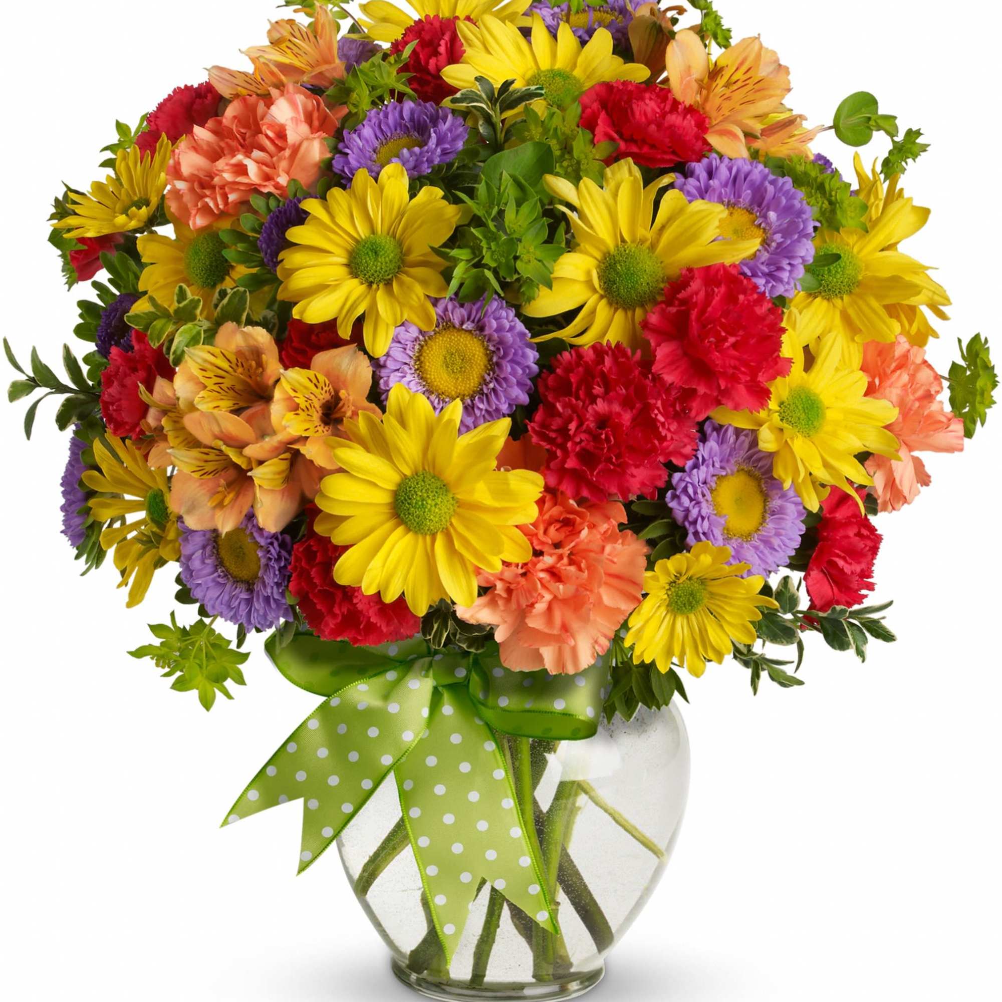 A summery mix of yellow daisy chrysanthemums, purple asters and red and