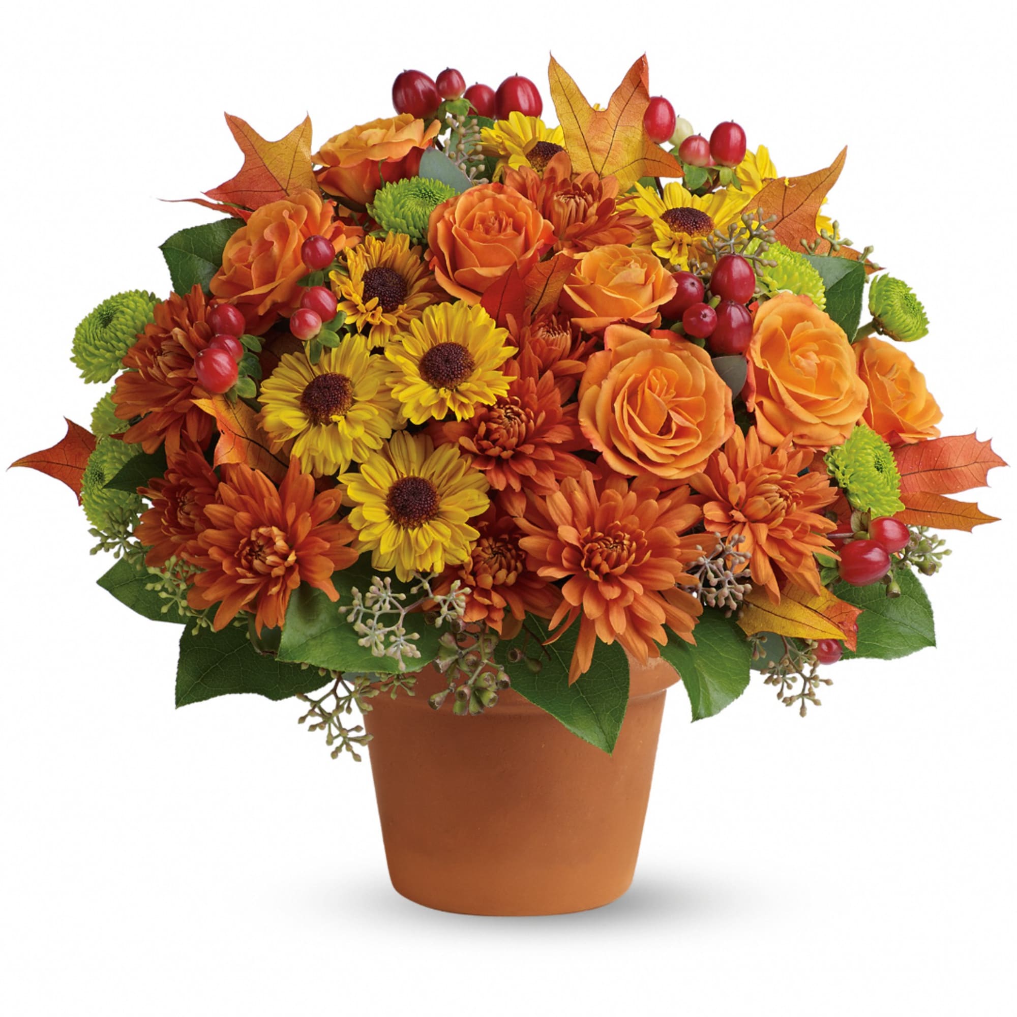 Orange and yellow floral arrangement in a terracotta pot