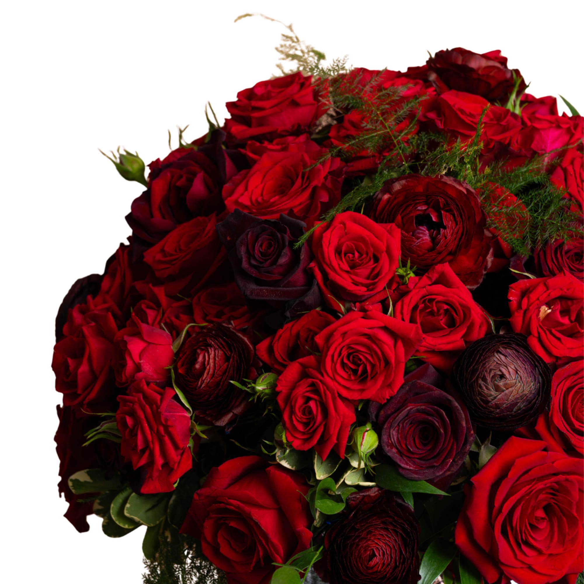 Bouquet of red roses and dark red ranunculus with greenery