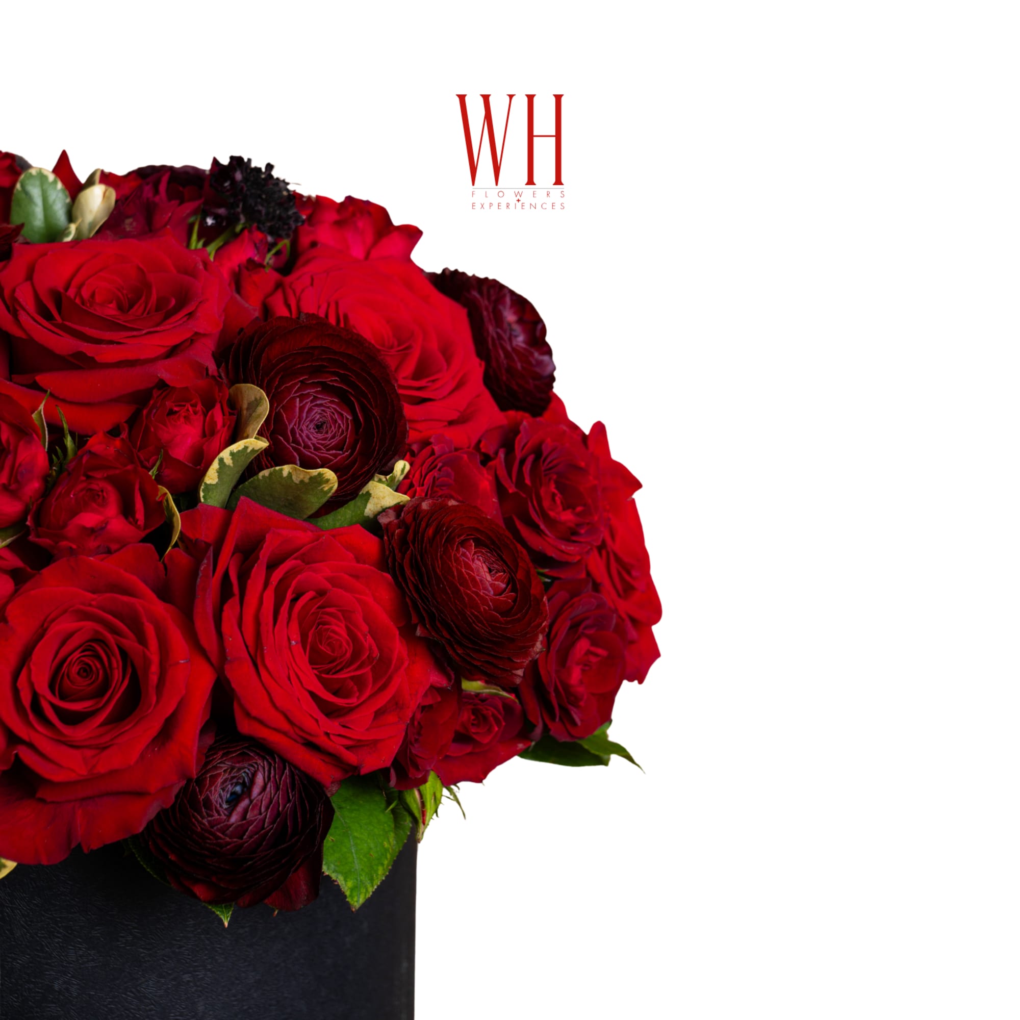 Red rose bouquet in a black box with dark accent blooms