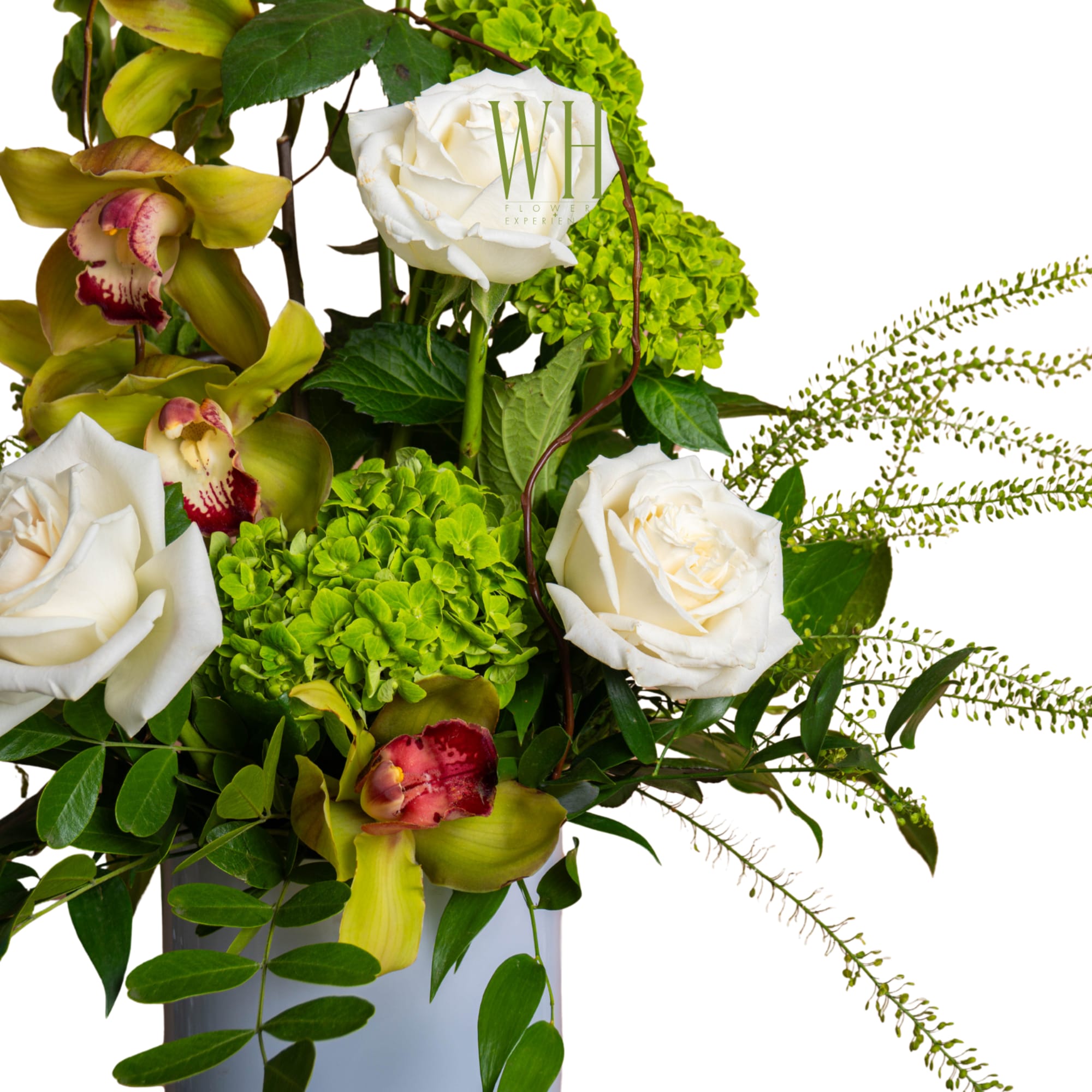 White roses and green orchids in a vase with bright green hydrangeas